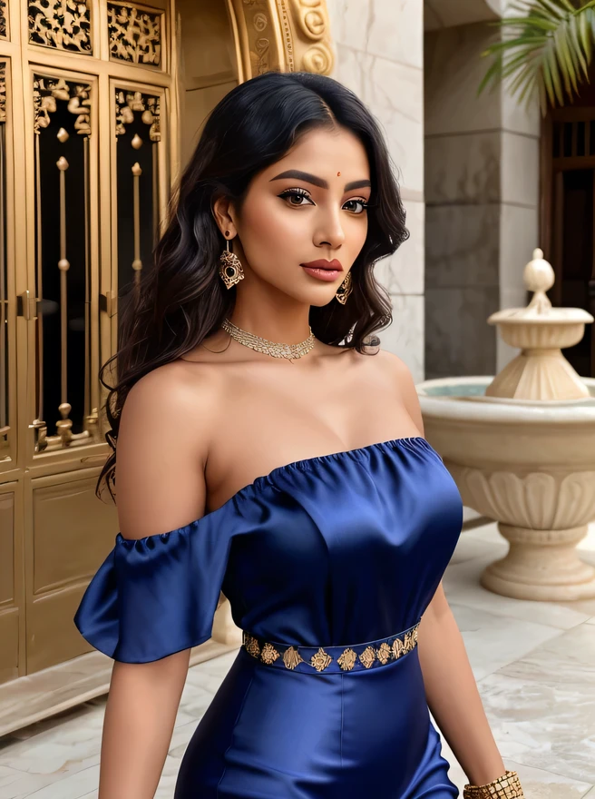 Create an ultra-realistic image of a modern, attractive female influencer of Indian descent, aged between 27 to 30. She should have a warm and inviting smile, expressive almond-shaped eyes with a slight shimmer, and clear, glowing skin with a medium brown complexion. Her features should be well-defined, with high cheekbones and a sharp jawline. Her hair should be long, thick, and wavy, with a natural shine and bounce, styled in soft curls cascading over her shoulders. The color should be a deep, reddish-purple hue that’s bold yet sophisticated.
She should have a slender yet athletic build, reflecting a healthy and active lifestyle, with noticeably larger bust and butt sizes to emphasize her voluptuous figure. She is wearing a royal blue silk A-line dress with delicate lace details and an off-the-shoulder design, highlighting her plump breasts and accentuating her curves.
Her outfit is complemented by elegant accessories and she is set against a backdrop of an elegant palace courtyard with marble statues and fountains, adding a touch of sophistication to the scene. Her overall appearance should exude confidence, opulence, and grace, capturing the essence of a contemporary yet regal Indian fashion influencer.