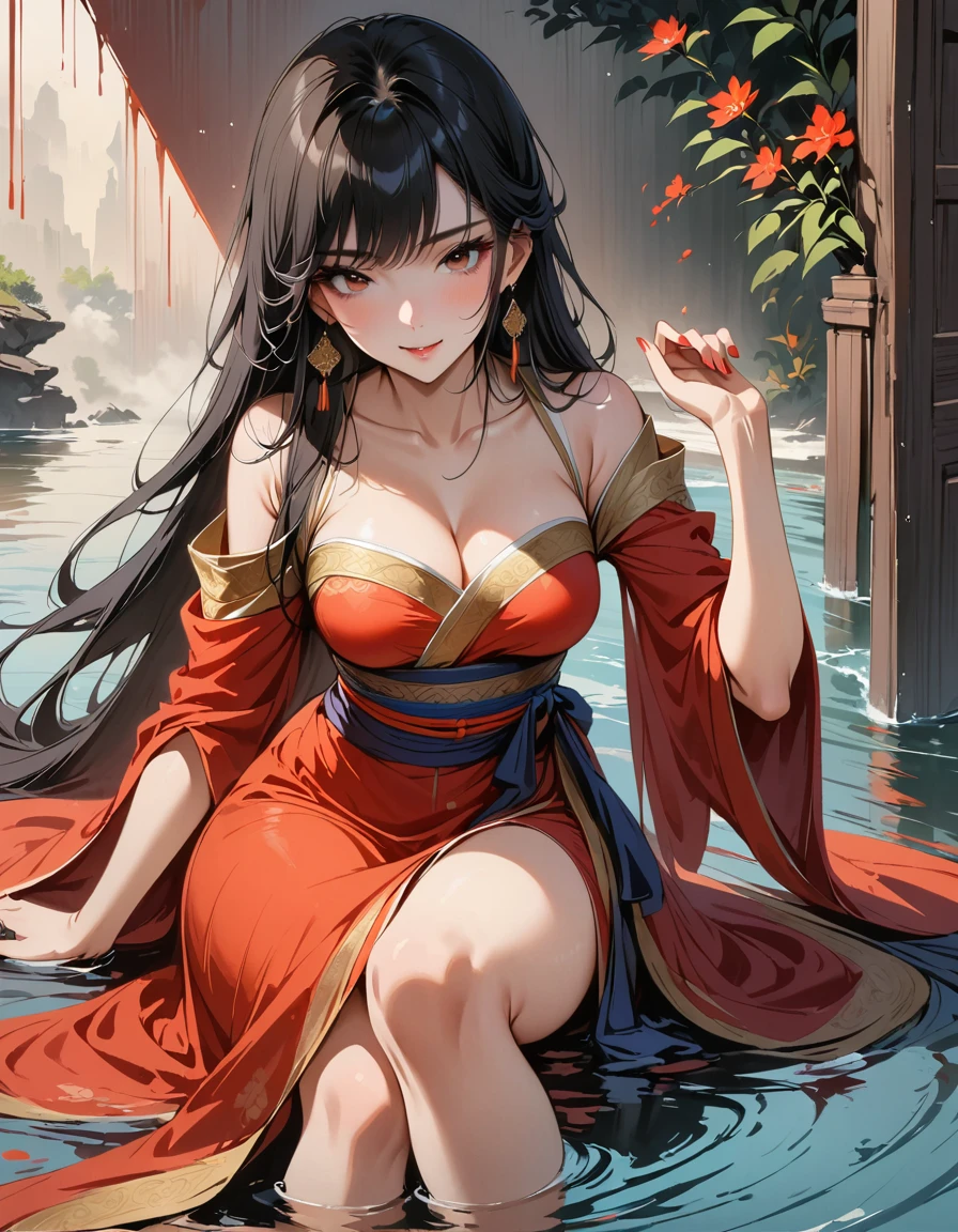 ((4k masterpiece, best quality)) Bismuth ink, painting, wearing Thai clothes, red color(Dress conservatively: 1.3) 1 girl, alone, long black hair, smiling, sitting, feet on the surface of the water, barefoot