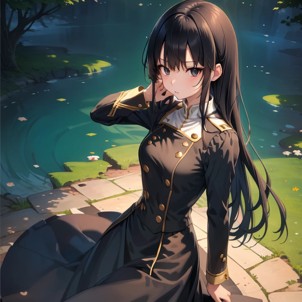 anime girl, all black uniform, gold buttons, long skirt, long black hair with bangs, black eyes, beautiful, small breasts, stoic, slender, calm, top view