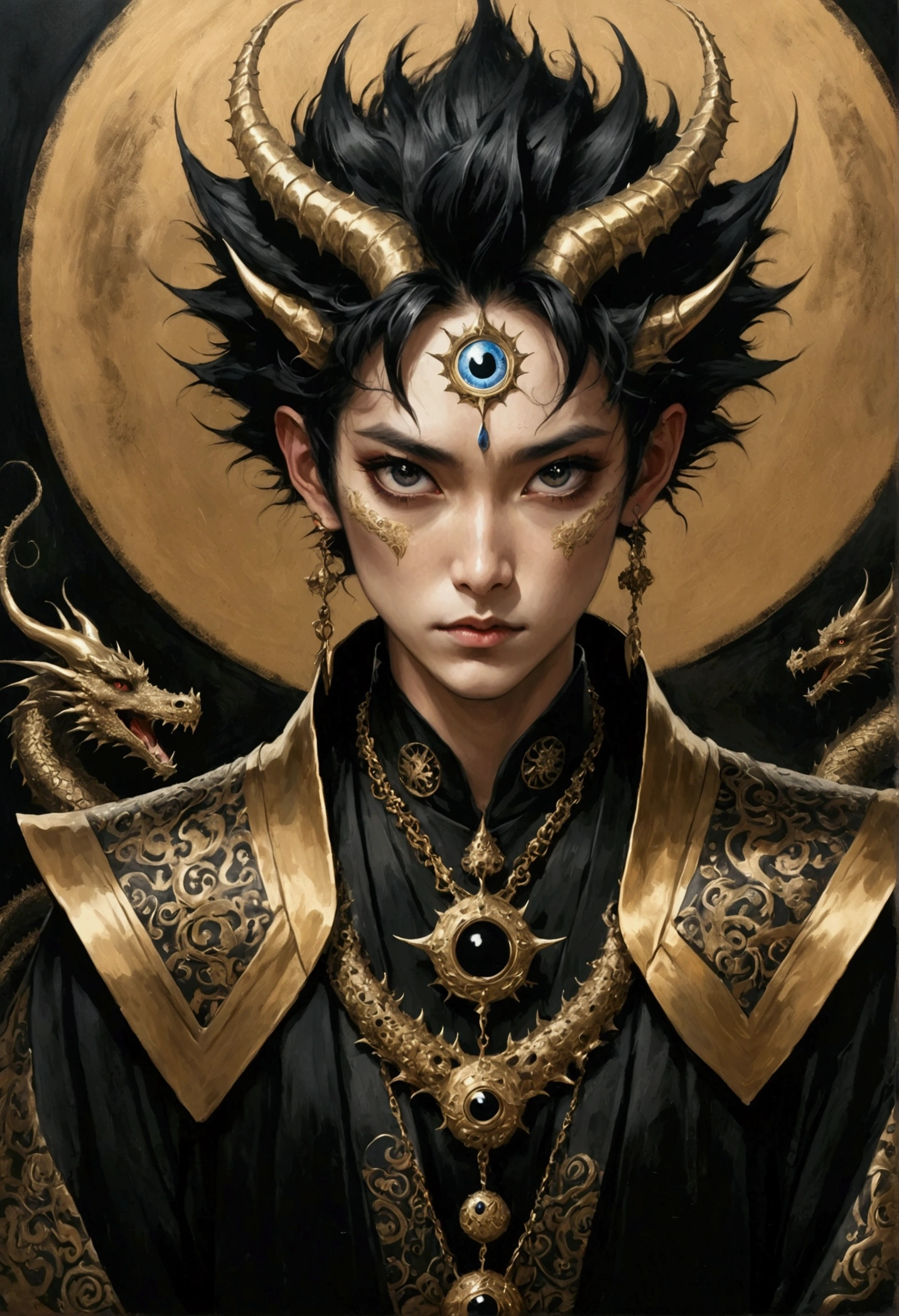 Medieval ink painting,Third Eye Vision。Spiky hair,Dragon Horn,3d,Dark eyeshadow,whole body,robe,Wide Angle,black and gold