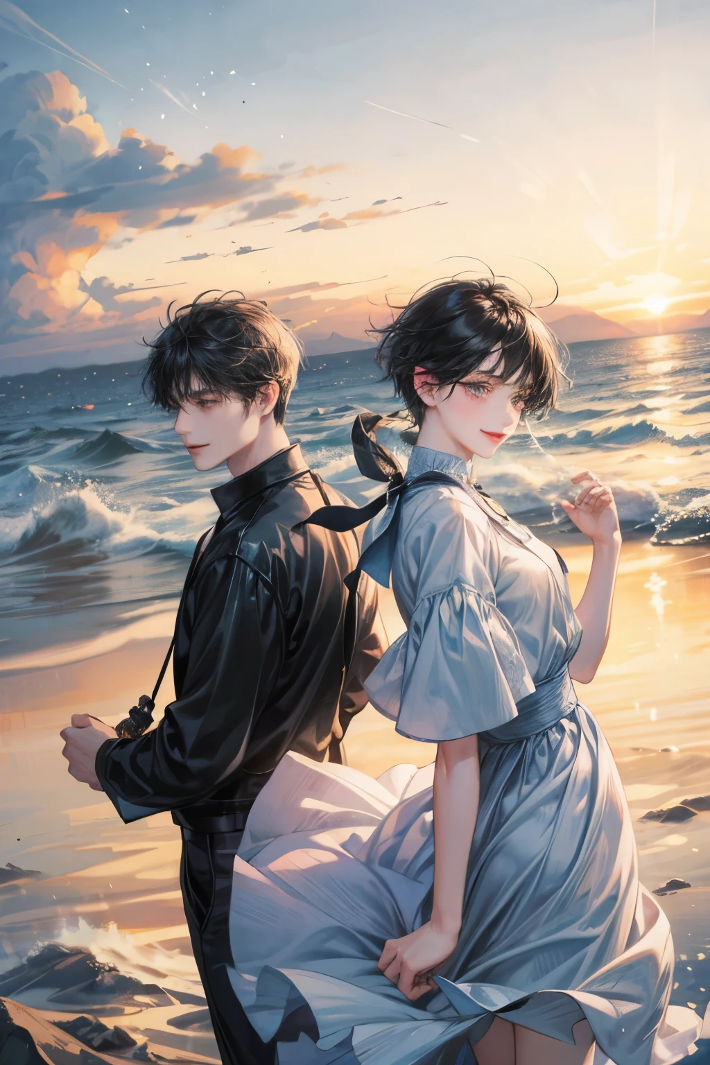 modren beautiful twin man and woman, tomboy, short black hair, family, brother and big sisterl, night market background, smiling, wind that blowing hair floating in the air, colorful shade, Masterpiece, hi-quality, soft light