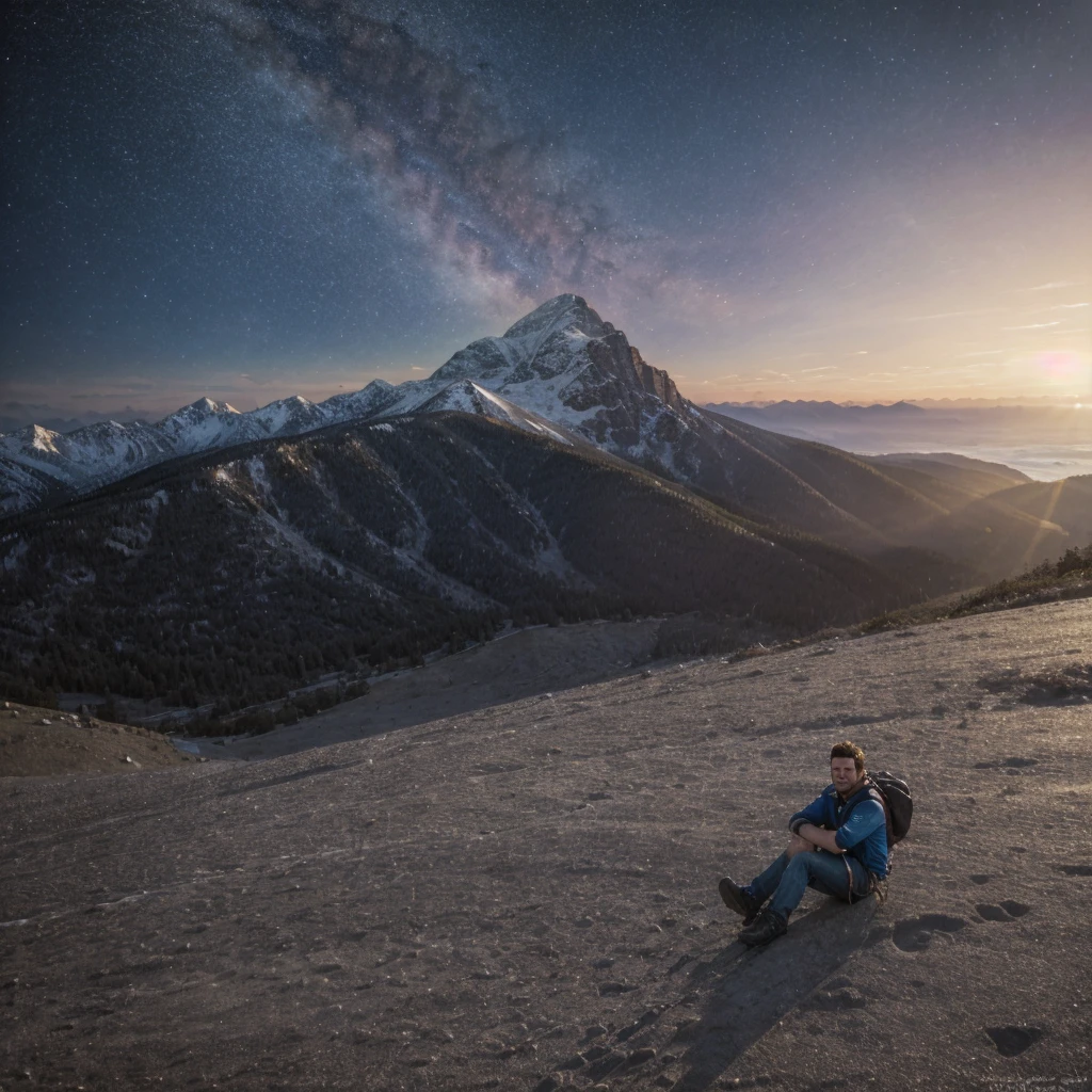  ((masterpiece, high quality, best quality)), (sharp lines:1.2)(clear line:1.2),Realistic, Hyperrealism, lifelike realistic photography, , nebulas and bright stars at the horizon, cute smile, at the beach,, full body shot, Realistic, Hyperrealism,  Extremely Detailed Face And skin, Handsome mountain climber with leather jacket, blue jeans, high boots, rocky mountains, amazing view, 