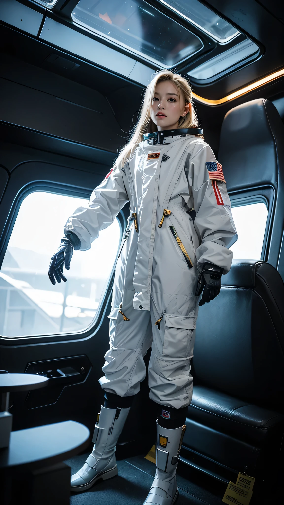 Profiling full-body shot of a blonde-haired astronaut suspended in mid-air amidst a gleaming spaceship's interior. Her eyes are wide open, drinking in the breathtaking view of the galaxy outside through the massive viewport. The soft glow of the ship's lights illuminates her striking features and glistening silver-gold latex spacesuit, complete with gloves and boots. Captured on Canon 5D Mark IV using Kodak Ektar film, this stunning image captures every detail of this ethereal scene.