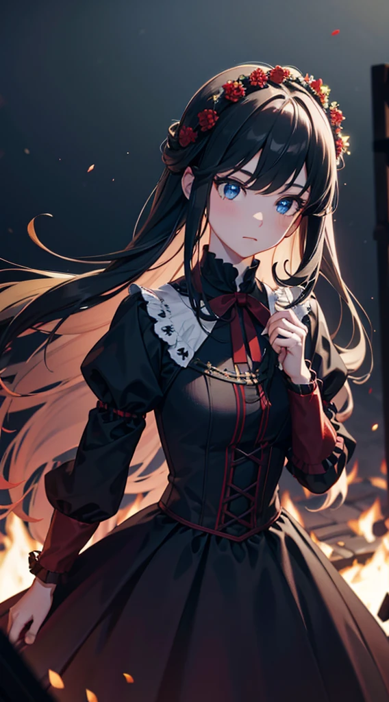 a girl in a black dress, puffed sleeves, red wreath, long light blue hair, campfire at night, sparks, (best quality,4k,8k,highres,masterpiece:1.2),ultra-detailed,(realistic,photorealistic,photo-realistic:1.37),portrait,dramatic lighting,warm colors,chiaroscuro