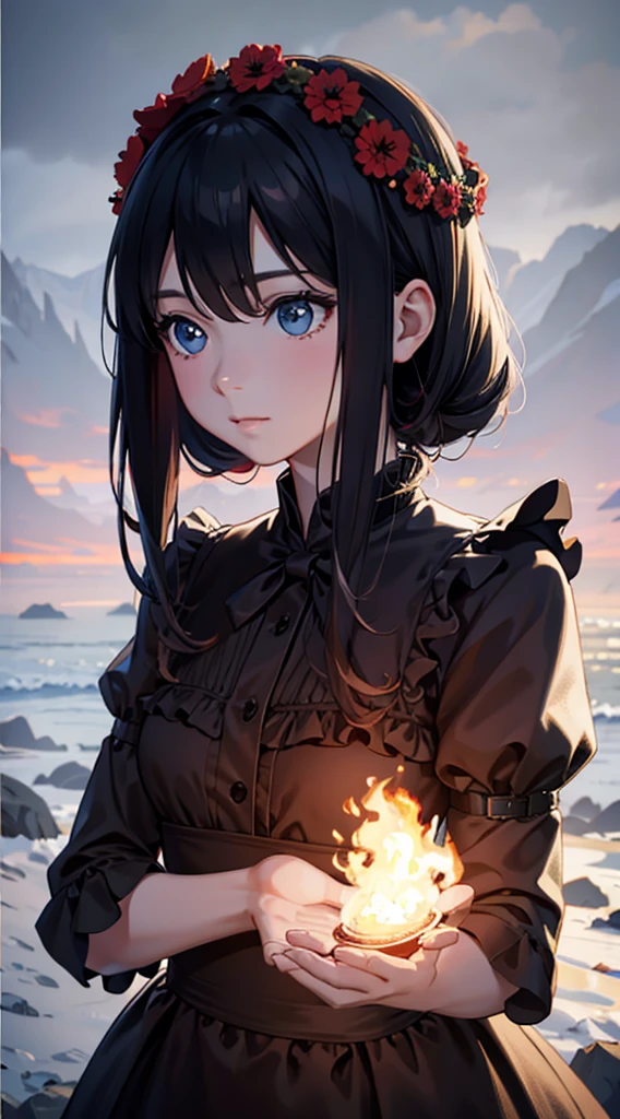 a girl in a black dress, puffed sleeves, red wreath, long light blue hair, campfire at night, sparks, (best quality,4k,8k,highres,masterpiece:1.2),ultra-detailed,(realistic,photorealistic,photo-realistic:1.37),portrait,dramatic lighting,warm colors,chiaroscuro