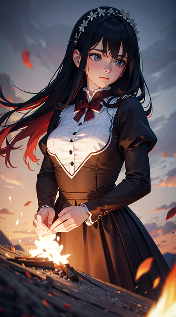 a girl in a black dress, puffed sleeves, red wreath, long light blue hair, campfire at night, sparks, (best quality,4k,8k,highres,masterpiece:1.2),ultra-detailed,(realistic,photorealistic,photo-realistic:1.37),portrait,dramatic lighting,warm colors,chiaroscuro