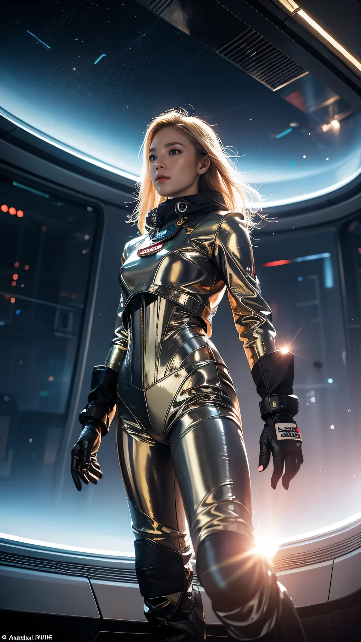 Profiling full-body shot of a blonde-haired astronaut suspended in mid-air amidst a gleaming spaceship's interior. Her eyes are wide open, drinking in the breathtaking view of the galaxy outside through the massive viewport. The soft glow of the ship's lights illuminates her striking features and glistening silver-gold latex spacesuit, complete with gloves and boots. Captured on Canon 5D Mark IV using Kodak Ektar film, this stunning image captures every detail of this ethereal scene.
