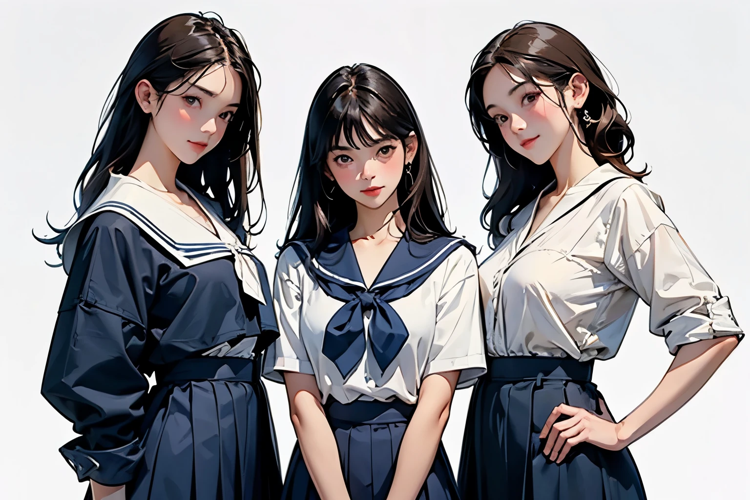 (Perfect Face,Illustration of three women in different clothes)、(Three Girls、For 3 people、natural standing posture)、(Girls in line)、( Half-body illustration)、(Character Concept Art)、(Detailed facial depiction、A kind smile)、Short dark brown hair、White Sailor Suit、Navy blue sailor collar、mini skirt、Pleated skirt、shoes、loafers、(Vintage、Classic)、(No logo)、(Watercolor of singer Sargent)、Impressionist style painting、White Background、(Front view:1.4)、(masterpiece, Highest quality:1.2),