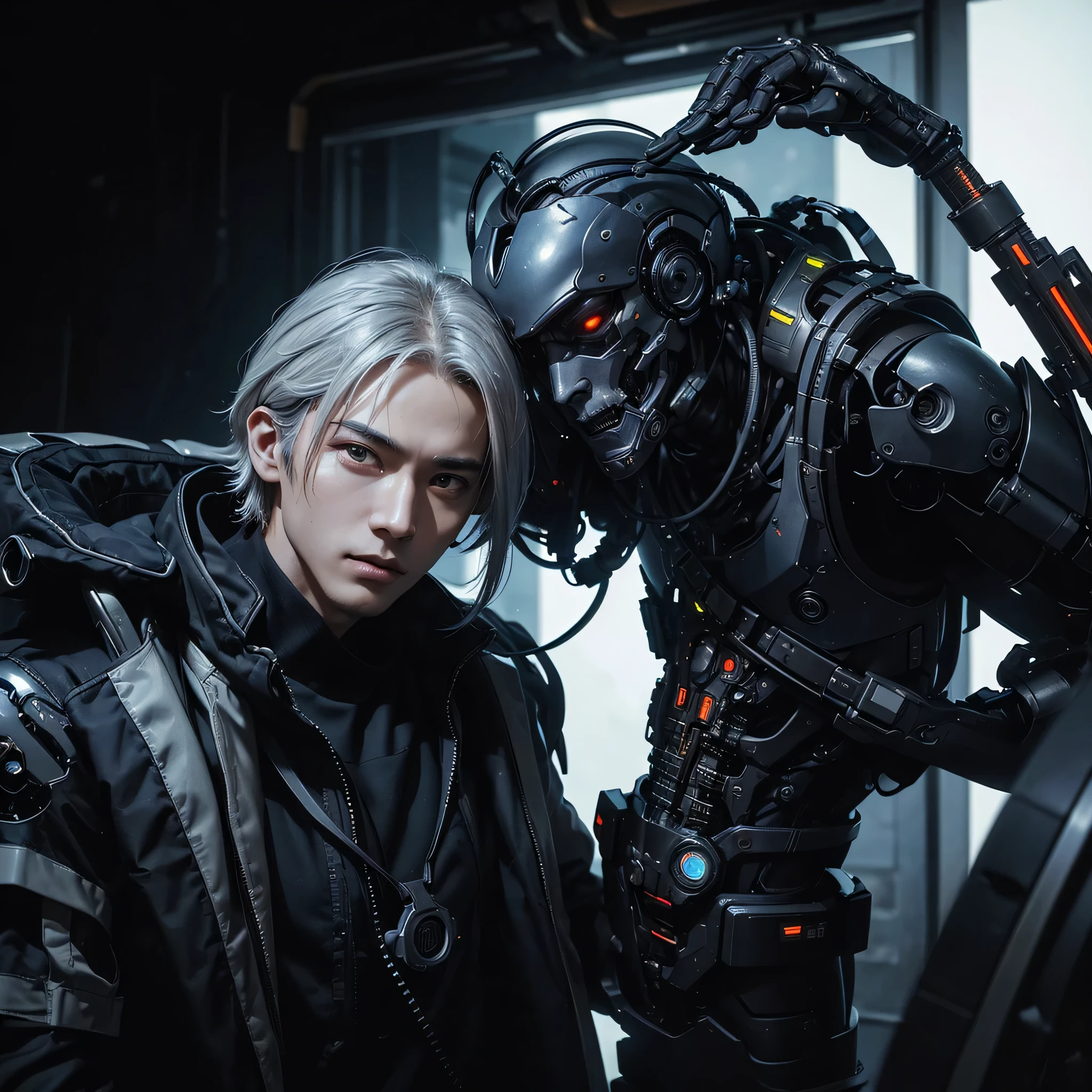 Asian male face mechanical male resolute face handsome male high quality male guide line, bright palette, Highly professional, Dramatic Lighting, Extremely beautiful:1.4), (complicated details, masterpiece, best quality:1.4), Biomechanical Cyberpunk, Cybernetics, Human-machine integration, Dystopia, Where the organic meets the man-made, bright, complicated, Looking at the audience, Nicomoli (Nicolas Samori) Stylish dynamic pose male male robot side view 45° angle cyberpunk style driver costume driver white background bright lights ,front, Facing the camera,Light coming from the upper right