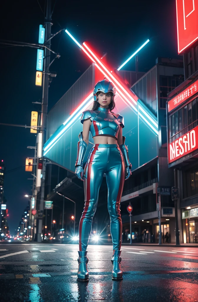 a woman wear glossy armor in cyan color with stripes in red shining color, wear red pants with three white shining stripes, she has silver helmet with glass windscreen, she standing on oval shape steel and float in the air,  nightime, fast and furious, neons lighting and billboards city. 