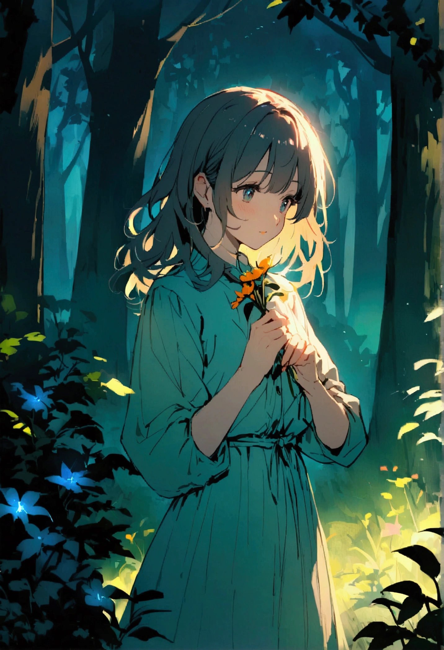picking flowers, In the woods, ,Vibrant colors,Soft lighting,Beautiful girl