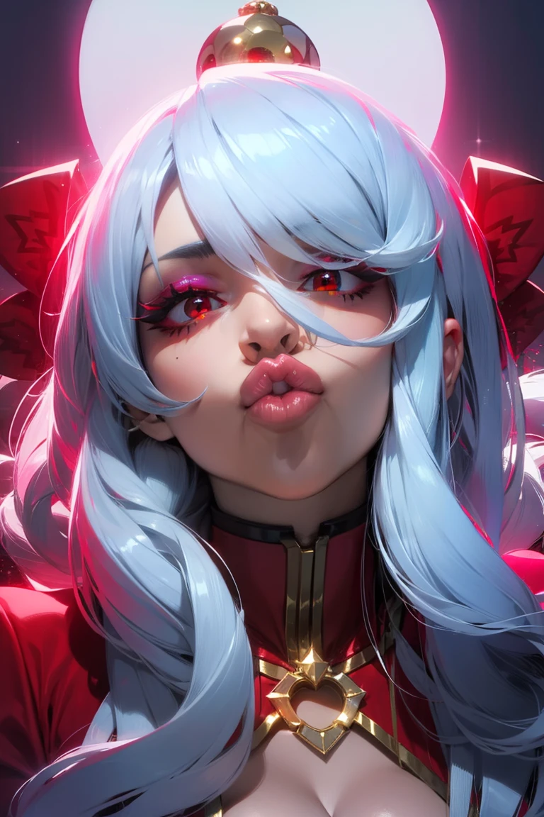 (1girl), red eyes,long hair,, big lips, anime, pretty lips,, ((best quality)), soft shading, highres, hourglass body, , sexy POV, big lips, white hair, ((red eyes)), , big lips,x ornament, ornament, duckface, lip focus, shiny lips pink clothing