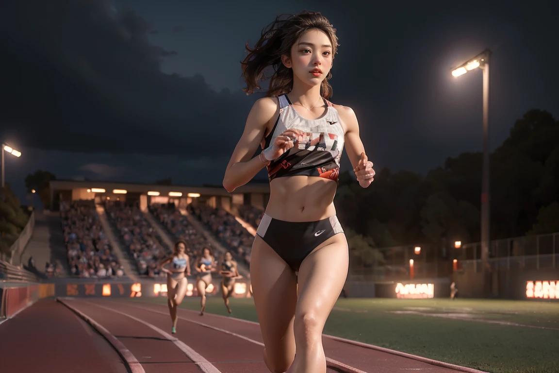 ((masterpiece, highest quality, Highest image quality, High resolution, photorealistic, Raw photo, 8K)), A track and field field at night, with female athletes running under the lights, 4 female athletes runs toward the camera,