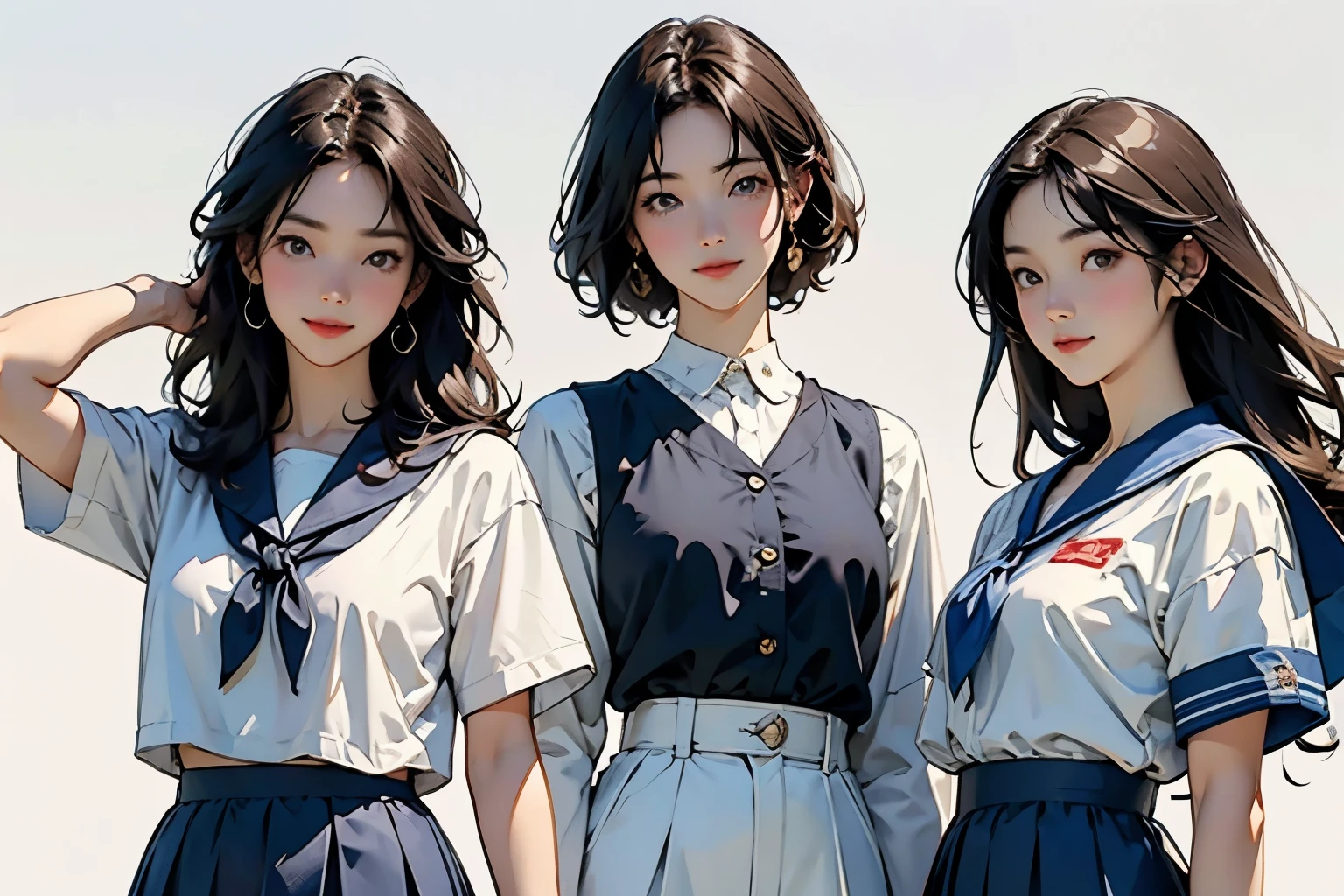 (Perfect Face,Illustration of three women in different clothes)、(Three Girls、For 3 people、natural standing posture)、(Girls in line)、( Half-body illustration)、(Detailed facial depiction、A kind smile)、Short dark brown hair、White Sailor Suit、Navy blue sailor collar、mini skirt、Pleated skirt、shoes、loafers、(Vintage、Classic)、(No logo)、(Watercolor of singer Sargent)、Impressionist style painting、White Background、(Front view:1.4)、(masterpiece, Highest quality:1.2),