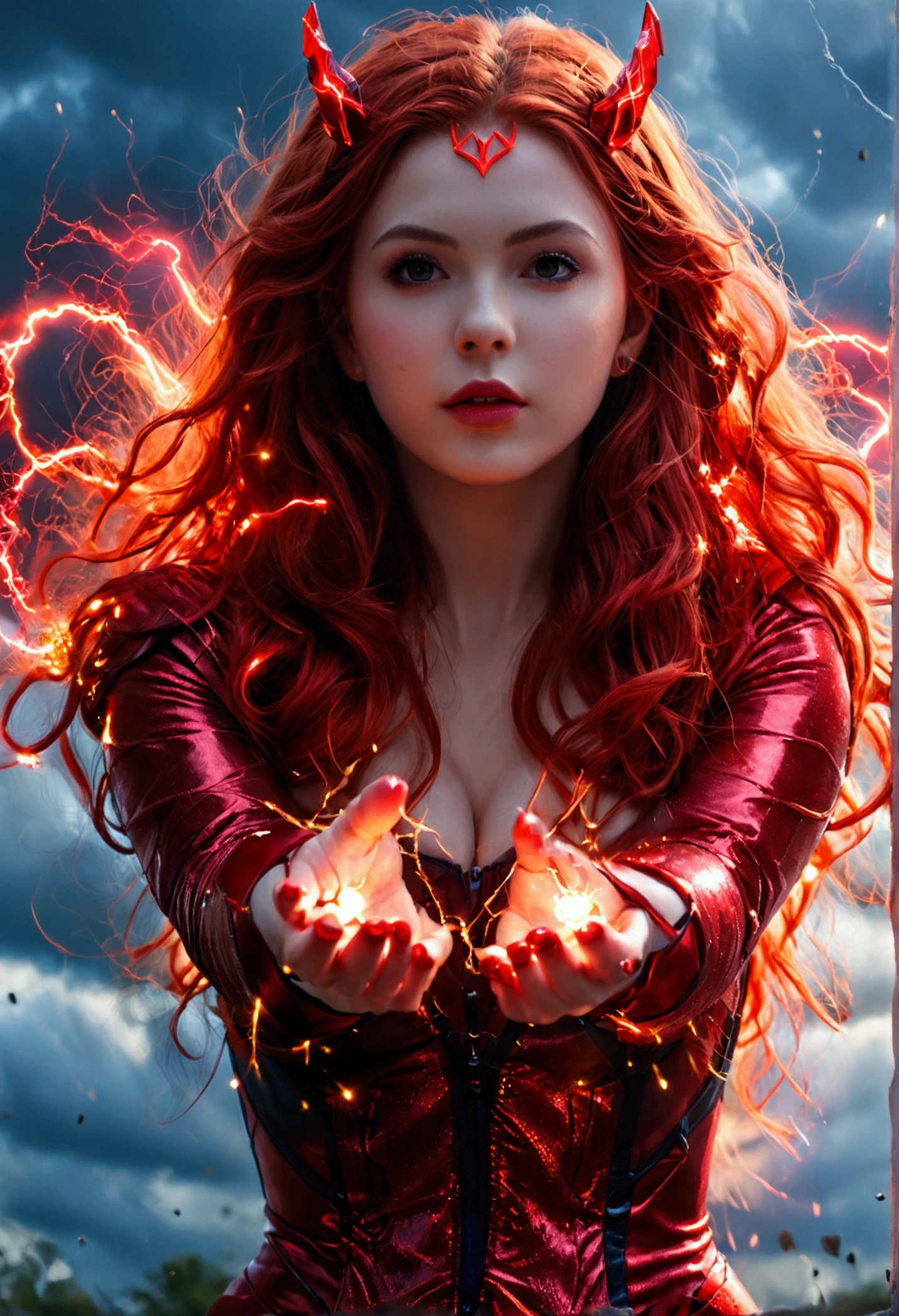 ultra realistic, photography, long red hair, girl, 24 years old, hourglass figure, perfect body, Flirty look, extremely detailed artgerm, in the style artgerm, facing the camera, lens 35 mm, blur background, scarlet witch red cosplay, floating in the air, red electric glowing hands, sparkling with red electricity, outside in darkening clouds, clouds with red electricity, full body, full body pic (full body) (full body portrait)