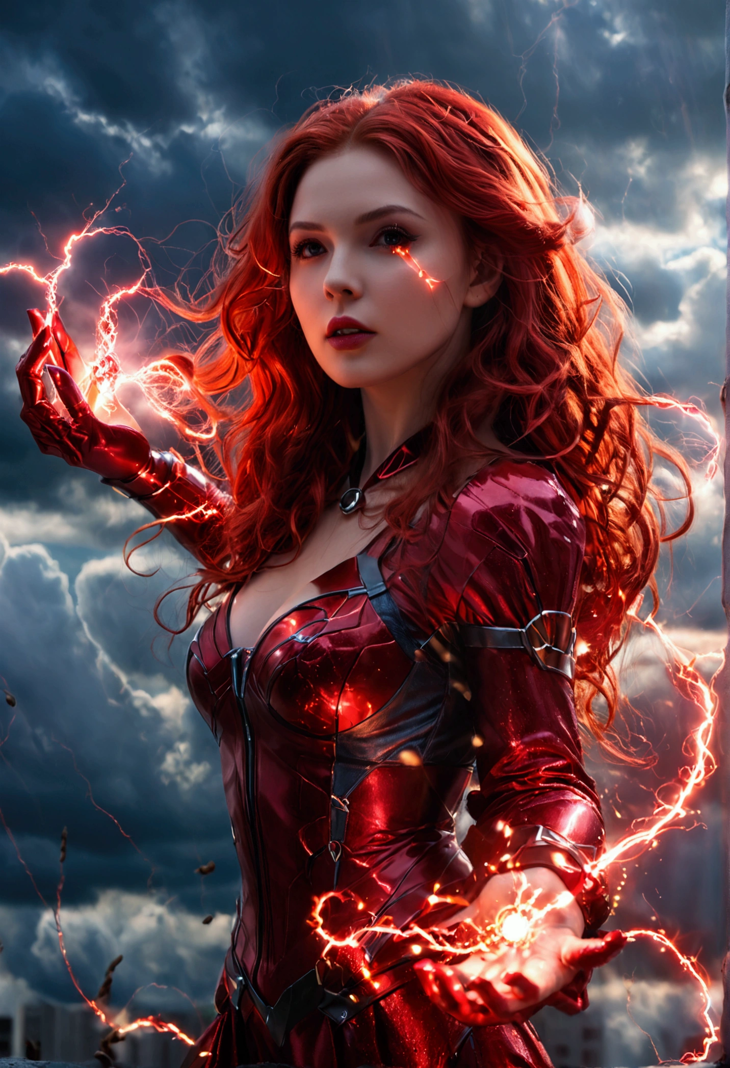 ultra realistic, photography, long red hair, girl, 24 years old, hourglass figure, perfect body, Flirty look, extremely detailed artgerm, in the style artgerm, facing the camera, lens 35 mm, blur background, scarlet witch red cosplay, floating in the air, red electric glowing hands, sparkling with red electricity, outside in darkening clouds, clouds with red electricity, full body, full body pic (full body) (full body portrait)