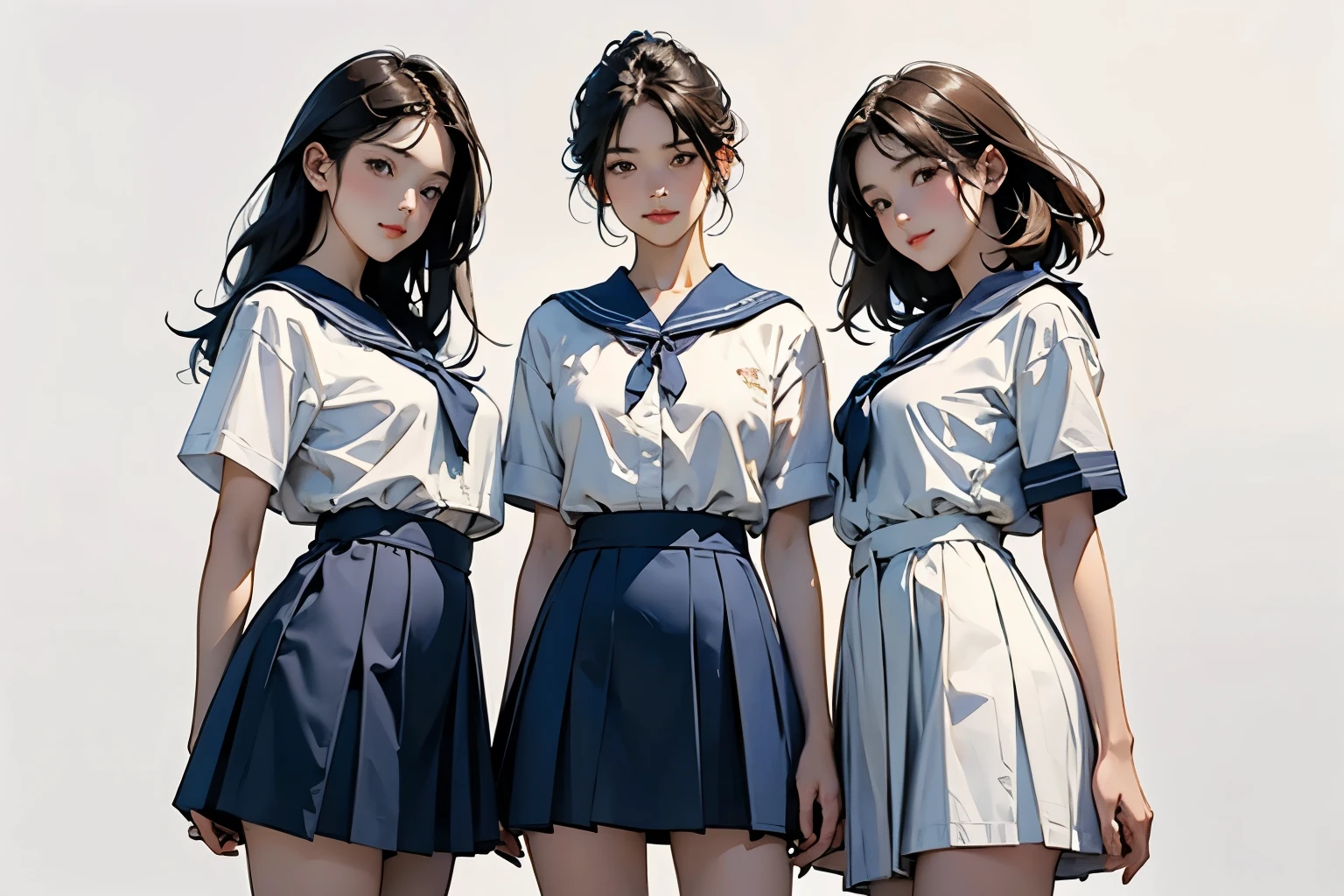 (Perfect Face,Illustration of three women in different clothes)、(Three Girls、For 3 people、natural standing posture)、(Girls in line)、( Half-body illustration)、(Detailed facial depiction、A kind smile)、Short dark brown hair、White Sailor Suit、Navy blue sailor collar、mini skirt、Pleated skirt、shoes、loafers、(Vintage、Classic)、(No logo)、(Watercolor of singer Sargent)、Impressionist style painting、White Background、(Front view:1.4)、(masterpiece, Highest quality:1.2),