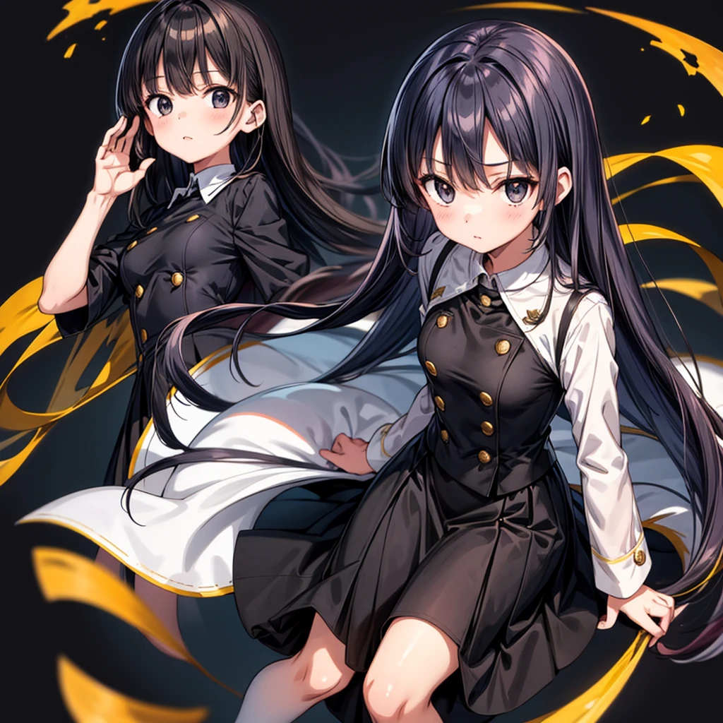 1girl,anime girl, all black uniform, gold buttons, long skirt, long black hair with bangs, black eyes, beautiful, small breasts, stoic, slender, calm, top view