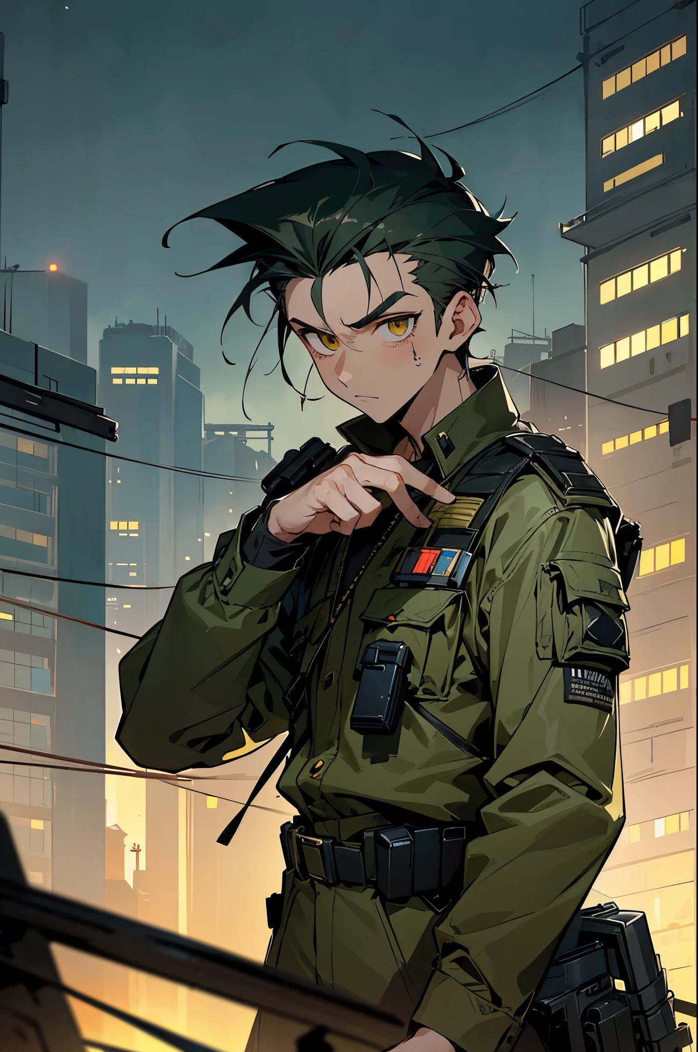 1male, dark teal hair, styled in a messy quiff, bright gold eyes, determined expression, sleek black tactical vest, fitted olive green pants, utility belt with small gadgets, high-tech goggles resting on his forehead, urban dystopian background with towering buildings and flickering lights, detailed face, hands to side, standing on path