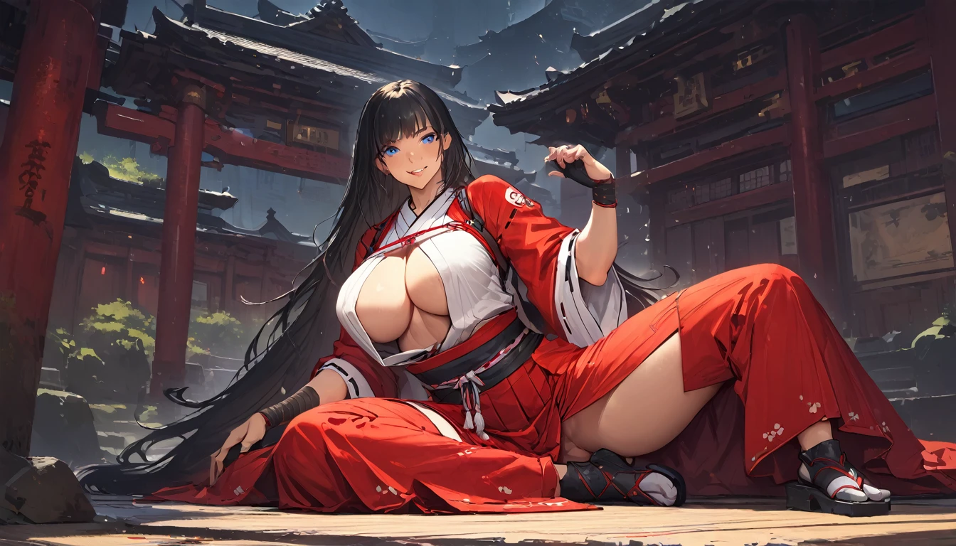 best quality,4k,8k,highres,masterpiece:1.2),ultra-detailed, extremely detailed eyes, extremely detailed body, (large masterpiece digital art), (detailed manga illustration), (detailed line art), ((perfect anatomy)), (intricate details:1.3), (ultra-detailed:1.3), (illustration:1.3), (sharp focus:1.3), (natural lighting:1.05), (vivid colors:1.3), (masterpiece), (best quality:1.4), (perfect anatomy:1.4), high quality, expressive eyes, full body, detailed face, beautiful face, perfect face, 1 girl, breasts, cleavage, gloves, large breasts, Japanese clothes, jacket, (underboob), robe, sash, belt pouchs, very long hair, thigh length hair, Japanese female, detailed ((black hair)), straight hair, Hime cut , blue eyes, curvaceous physique, arm wrap, hakama, hakama skirt, haori, miko, monk, thick thighs, toned, dynamic lighting, cinematic lighting, dynamic heroic pose, smiling, Japanese temple background, curvy, Atey Ghailan, Jeremy Mann, Greg Manchess, Antonio Moro, trend in ArtStation, trend in CGSociety, Intricate, High Detail, Sharp focus, dramatic and photorealistic painting art by Midjourney and Greg Rutkowski, Jeff Bridges, ((cartoon style)), Marvel Cinematic Universe style