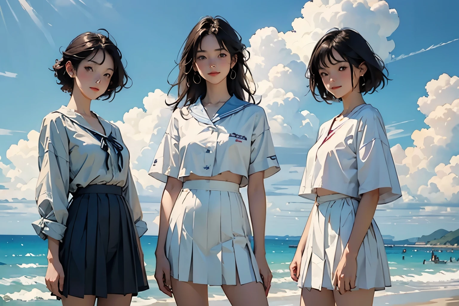 (Perfect Face,Illustration of three women in different clothes)、(Three Girls、For 3 people、natural standing posture)、(Girls in line)、( Half-body illustration)、(Detailed facial depiction、A kind smile)、Short dark brown hair、White Sailor Suit、Navy blue sailor collar、mini skirt、Pleated skirt、shoes、loafers、(Vintage、Classic)、(No logo)、(Watercolor of singer Sargent)、Impressionist style painting、Beautiful blue sky and white cumulonimbus clouds、Beautiful sea、(Front view:1.4)、(masterpiece, Highest quality:1.2),