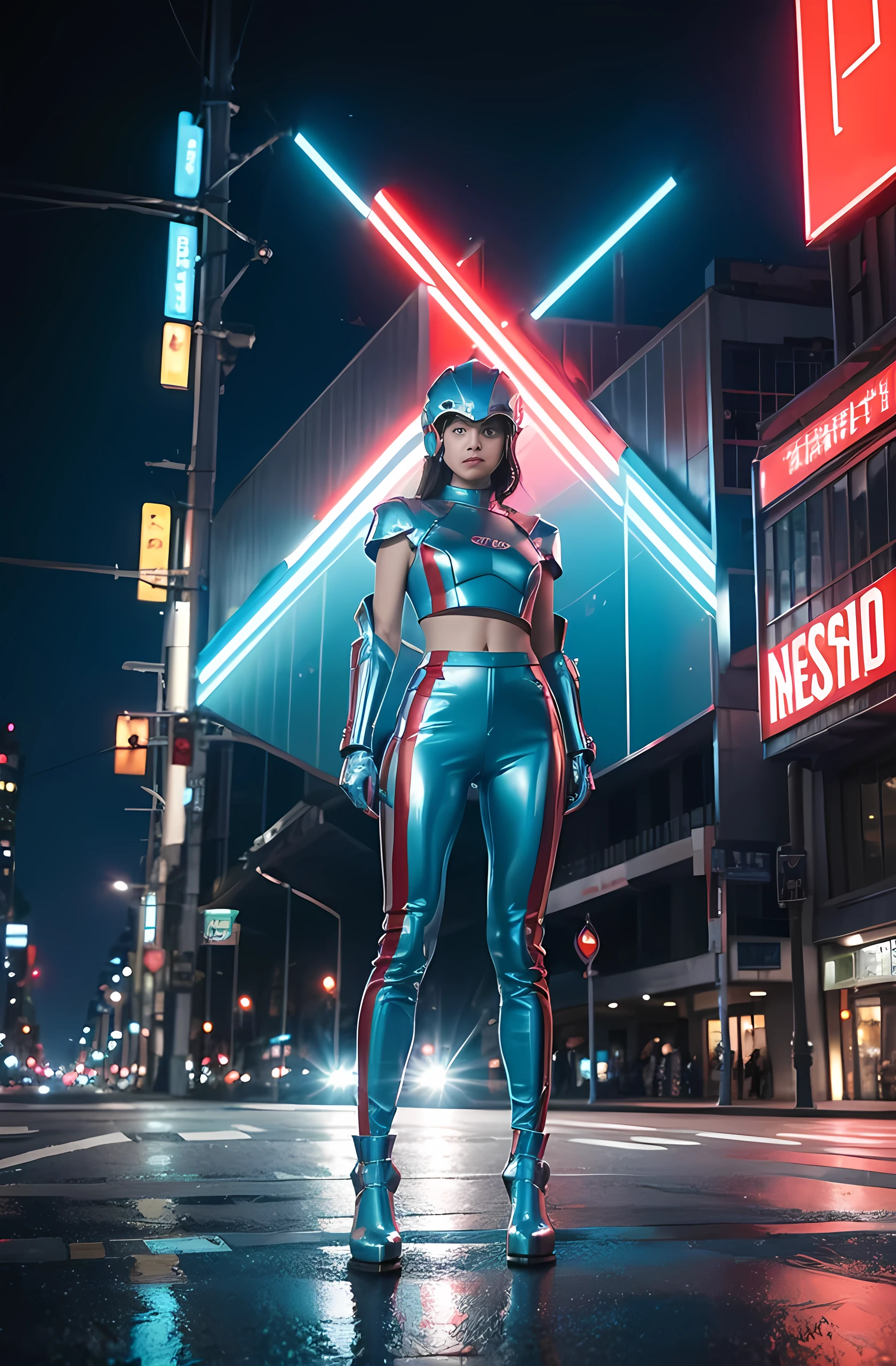 a woman wear glossy armor in cyan color with stripes in red shining color, wear red pants with three white shining stripes, she has silver helmet with glass windscreen, she standing on oval shape steel and float in the air, nightime, fast and furious, neons lighting and billboards city.