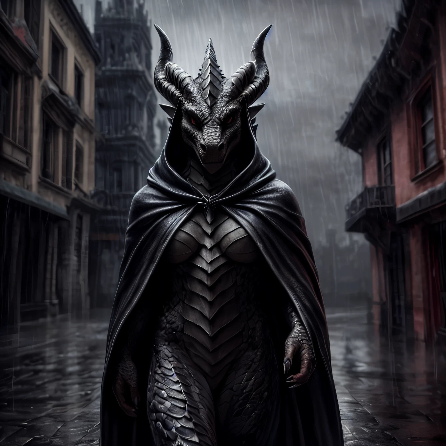 (best quality,4k,8k,highres,masterpiece:1.2),ultra-detailed,(realistic,photorealistic,photo-realistic:1.37),portrait,anthro dragon,anthropomorphic woman,black cloak,walking towards camera,in the rain,dramatic lighting,rainy atmosphere,detailed scales,horns,expressive eyes,wet cloak,intricate details,moody colors,dark fantasy