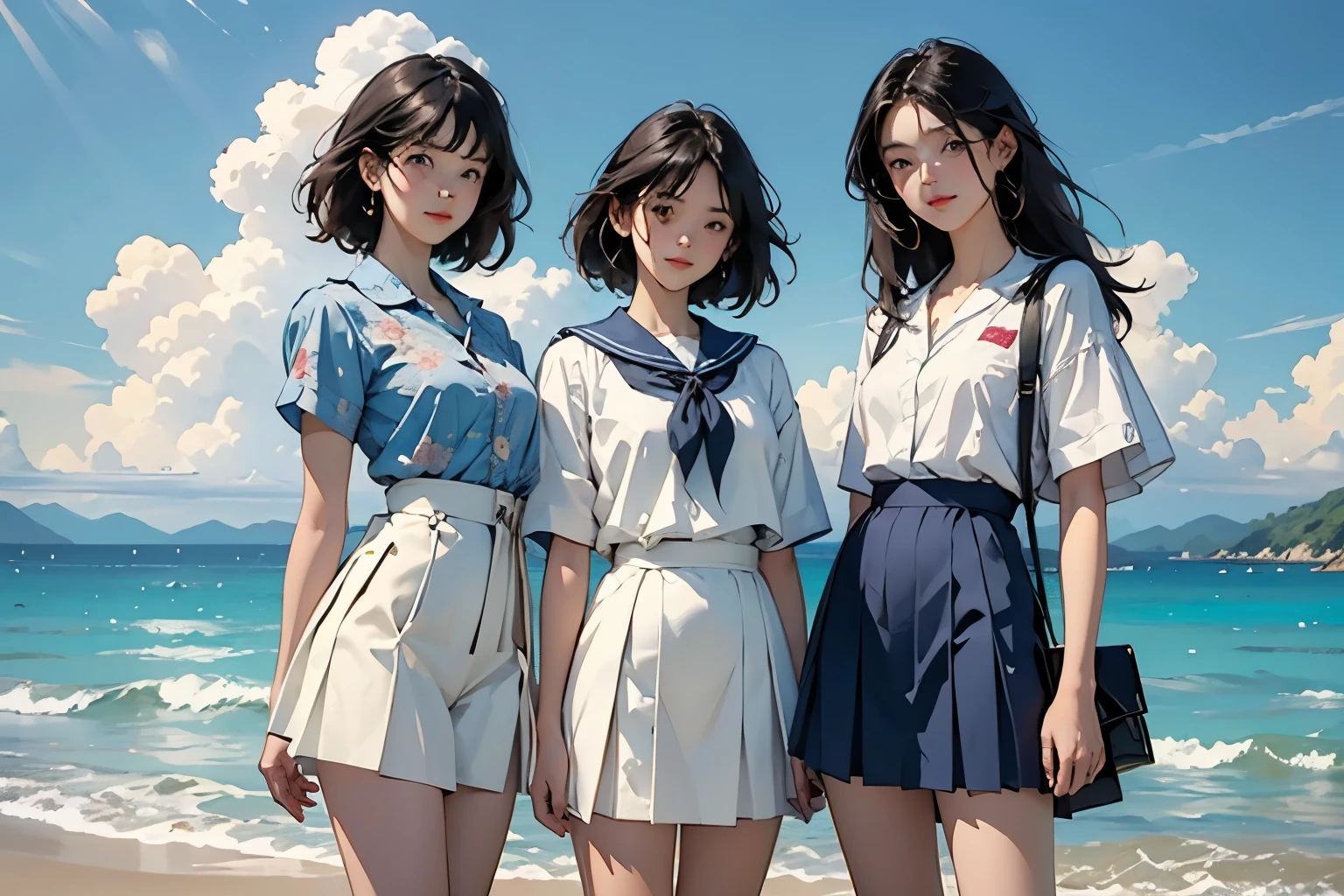 (Perfect Face,Illustration of three women in different clothes)、(Three Girls、For 3 people、natural standing posture)、(Girls in line)、( Half-body illustration)、(Detailed facial depiction、A kind smile)、Short dark brown hair、White Sailor Suit、Navy blue sailor collar、mini skirt、Pleated skirt、shoes、loafers、(Vintage、Classic)、(No logo)、(Watercolor of singer Sargent)、Impressionist style painting、Beautiful blue sky and white cumulonimbus clouds、Beautiful sea、(Front view:1.4)、(masterpiece, Highest quality:1.2),
