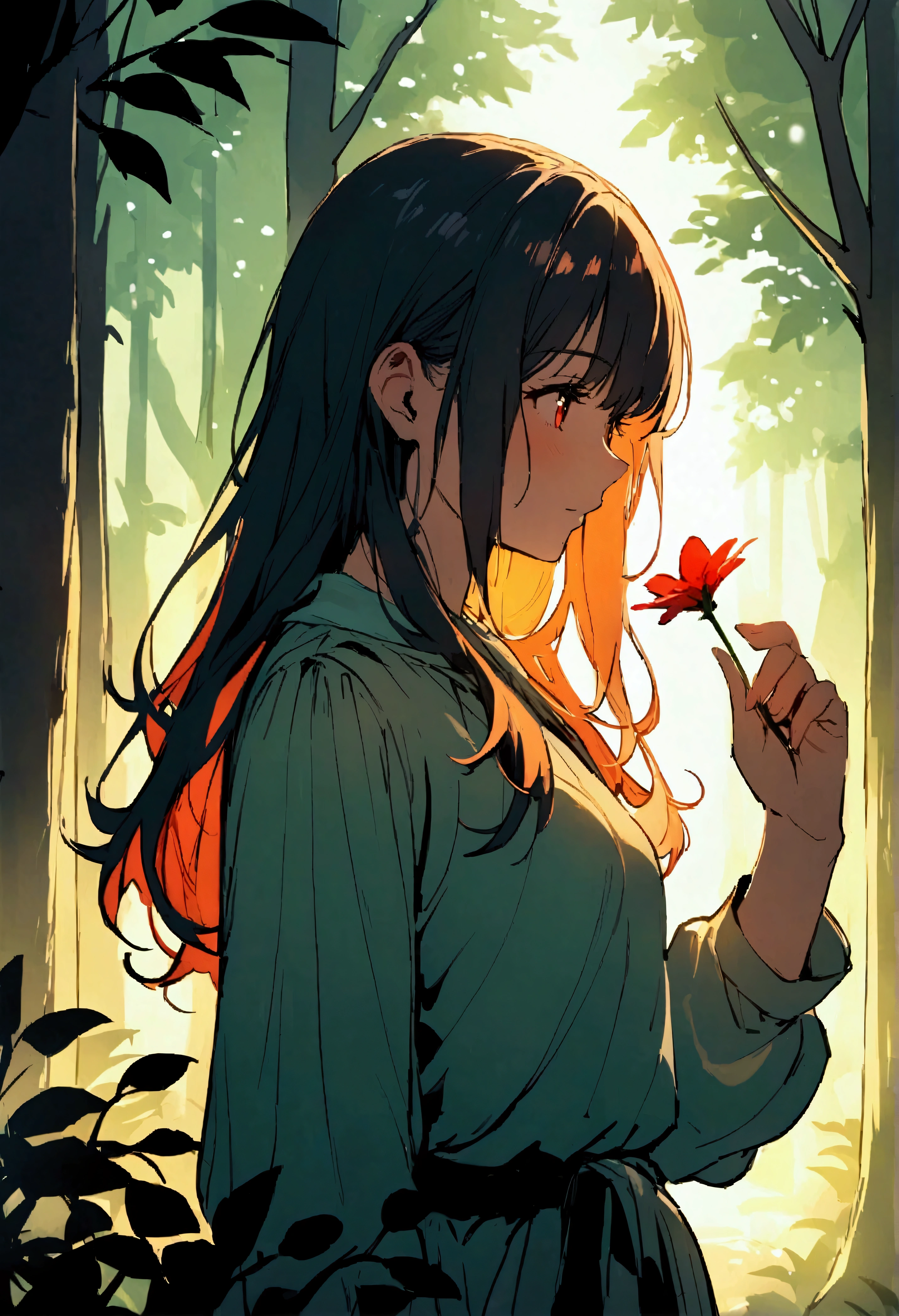 picking flowers, In the woods, ,Vibrant colors,Soft lighting，Beautiful girl