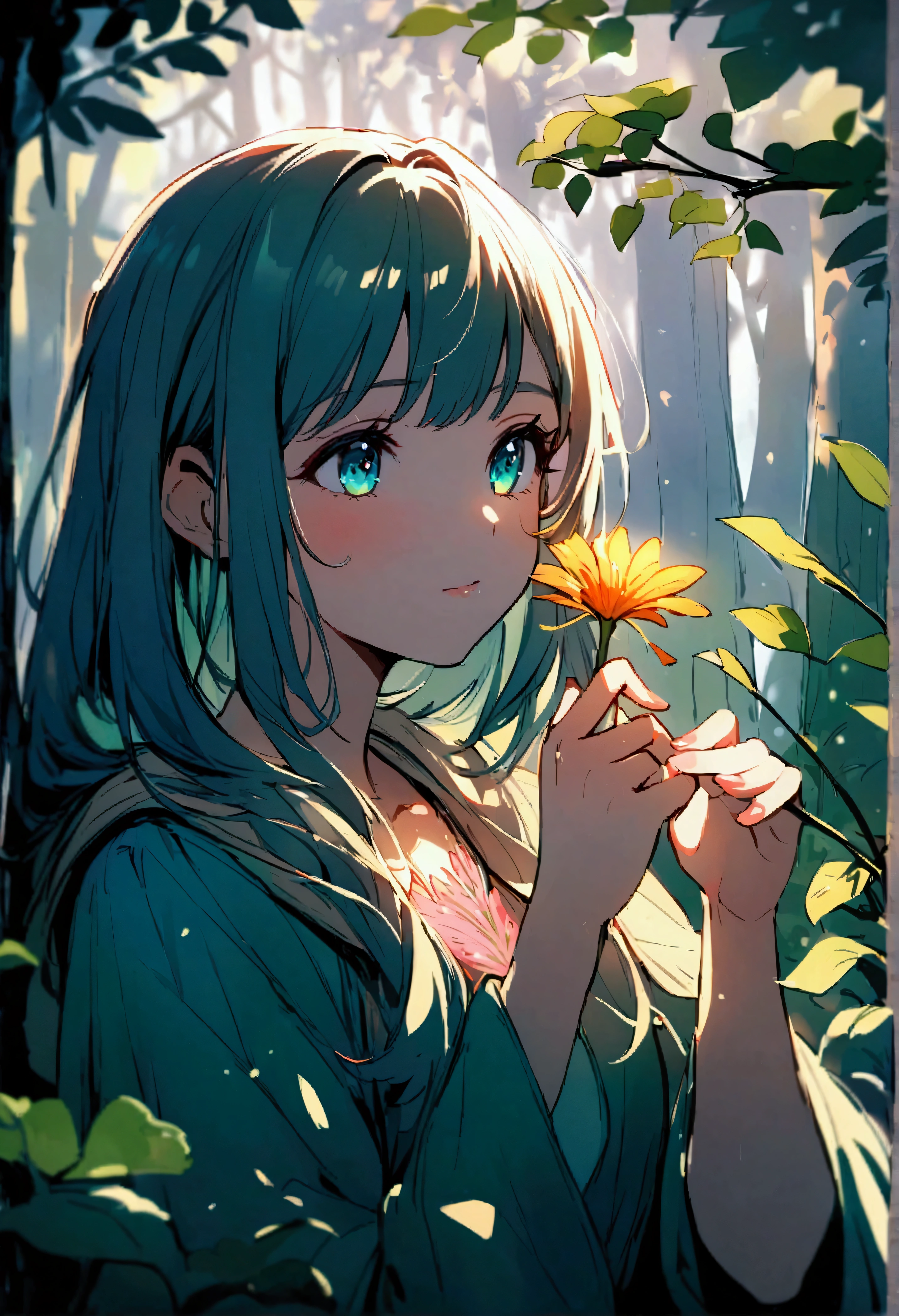picking flowers, In the woods, ,Vibrant colors,Soft lighting,Beautiful girl