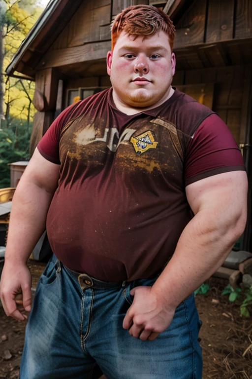 Candid photo of a (bully Appalachian redneck 6yo dg_Dale boy brother:1.1), closeup 
dark red hair, t-shirt, detailed, outdoors,  extremely fat ( 500 lb: 1.1 )