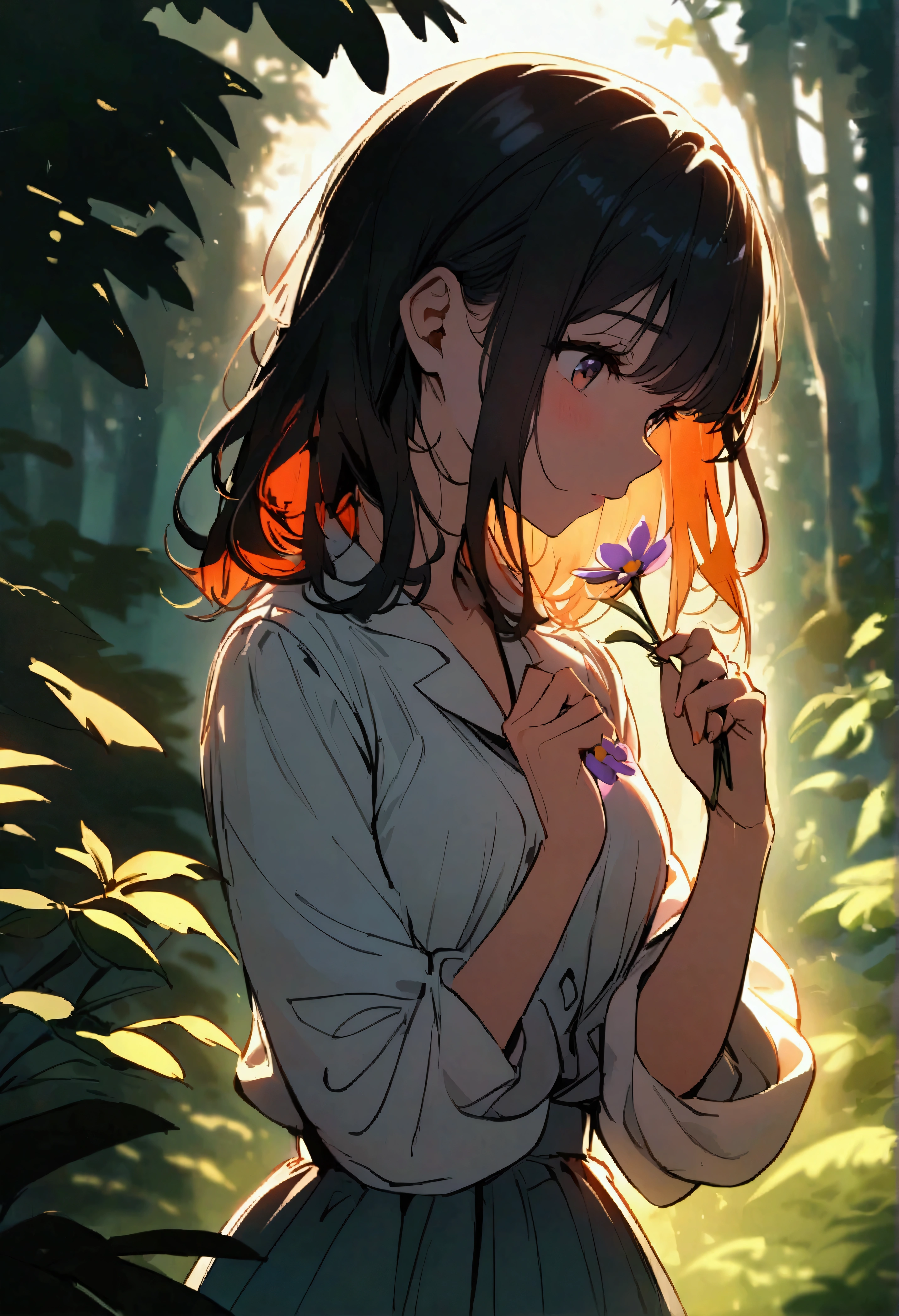 picking flowers, In the woods, ,Vibrant colors,Soft lighting,Beautiful girl