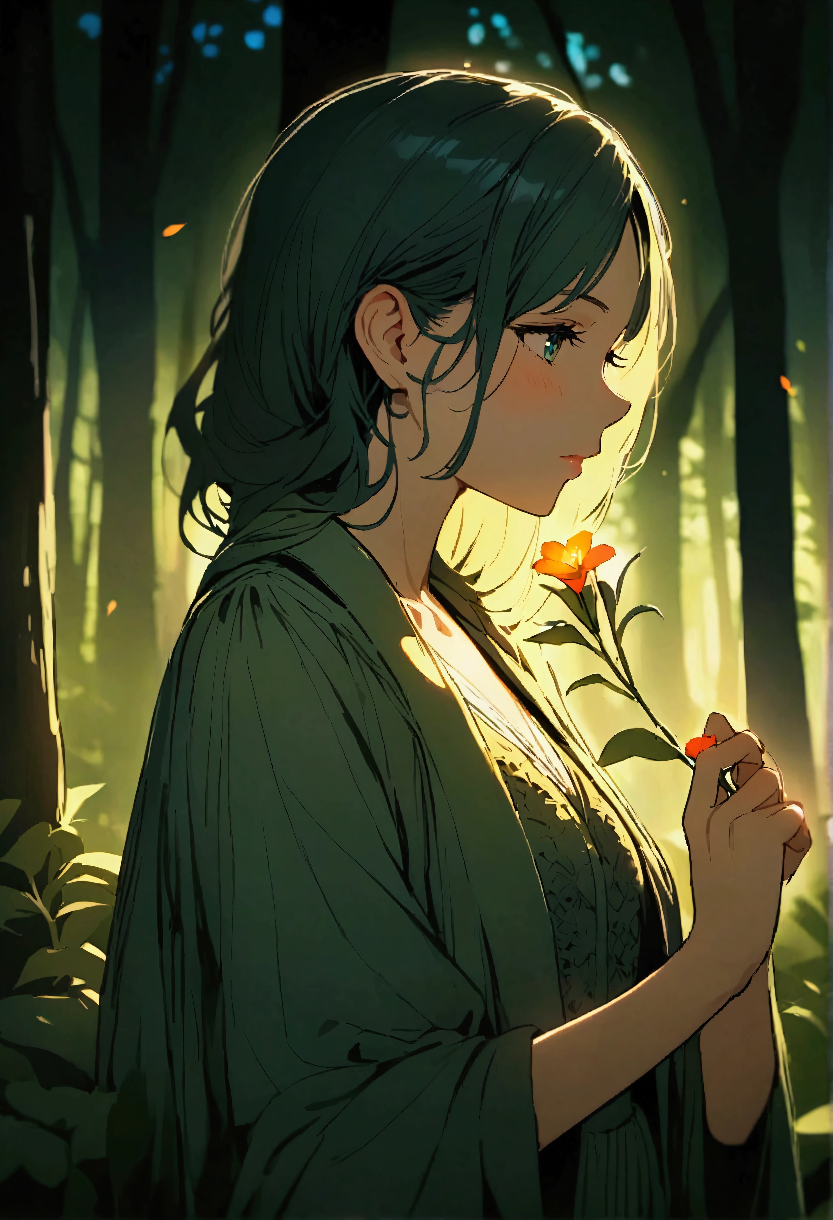 picking flowers, In the woods, ,Vibrant colors,Soft lighting,Beautiful girl