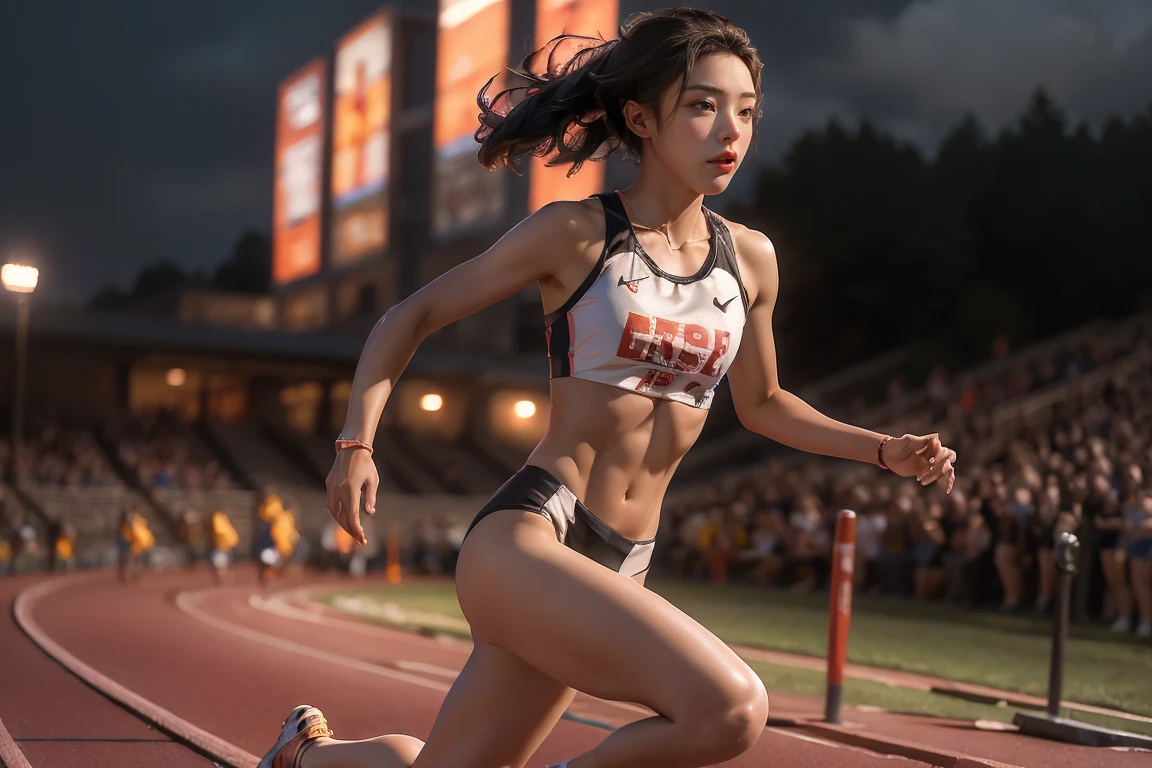 ((masterpiece, highest quality, Highest image quality, High resolution, photorealistic, Raw photo, 8K)), A track and field field at night, with female athletes running under the lights, a female athlete runs toward the camera,