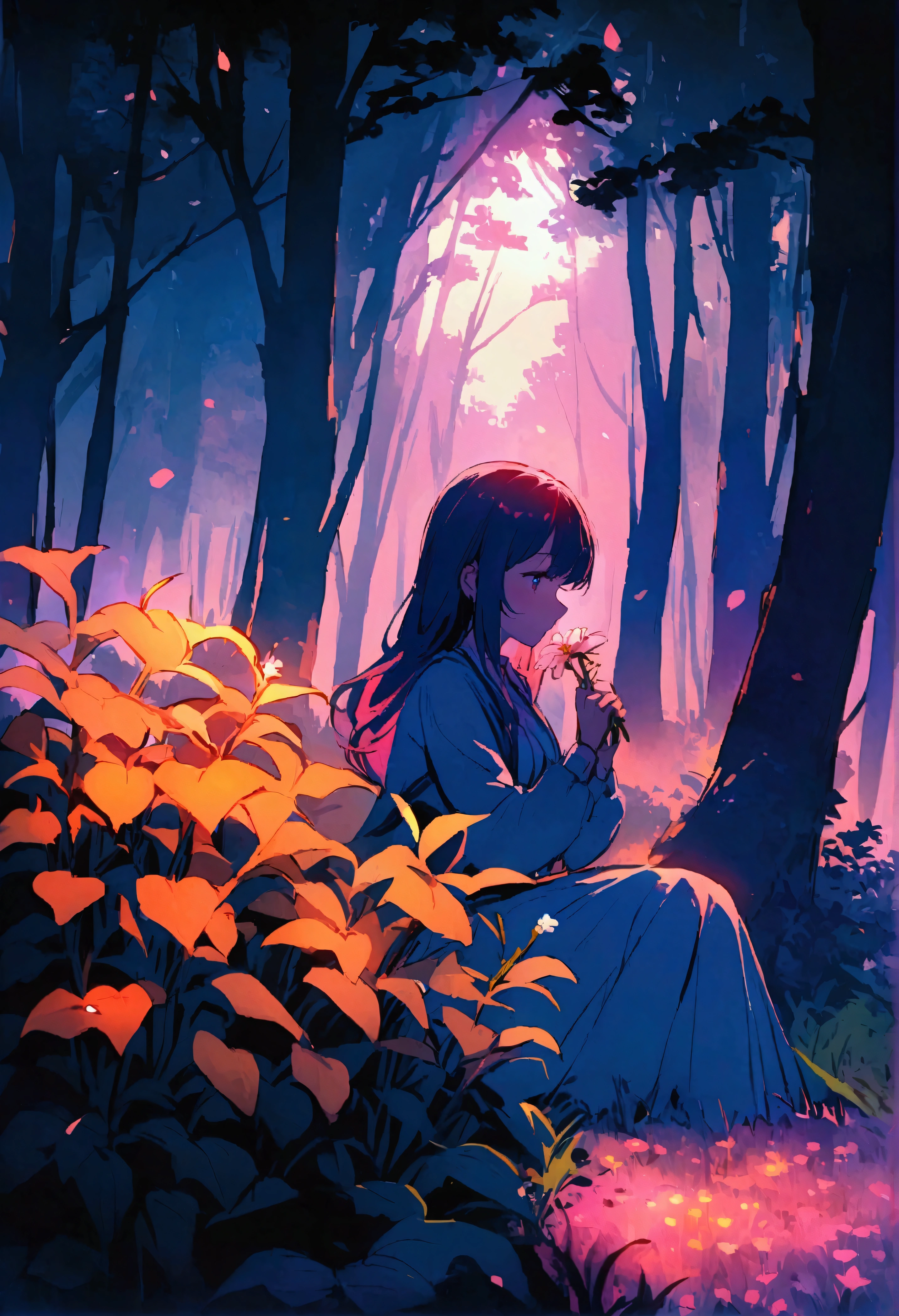 picking flowers, In the woods, ,Vibrant colors,Soft lighting,Beautiful girl