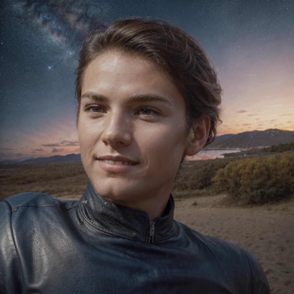 ((masterpiece, high quality, best quality)), (sharp lines:1.2)(clear line:1.2),Realistic, Hyperrealism, lifelike realistic photography, , nebulas and bright stars at the horizon, cute smile, at the beach,, Portrait shot, Realistic, Hyperrealism, Extremely Detailed Face And skin, Handsome mountain climber man with leather jacket, blue jeans, high boots, rocky mountains, amazing view, woods, springs, sunset, pink clouds
