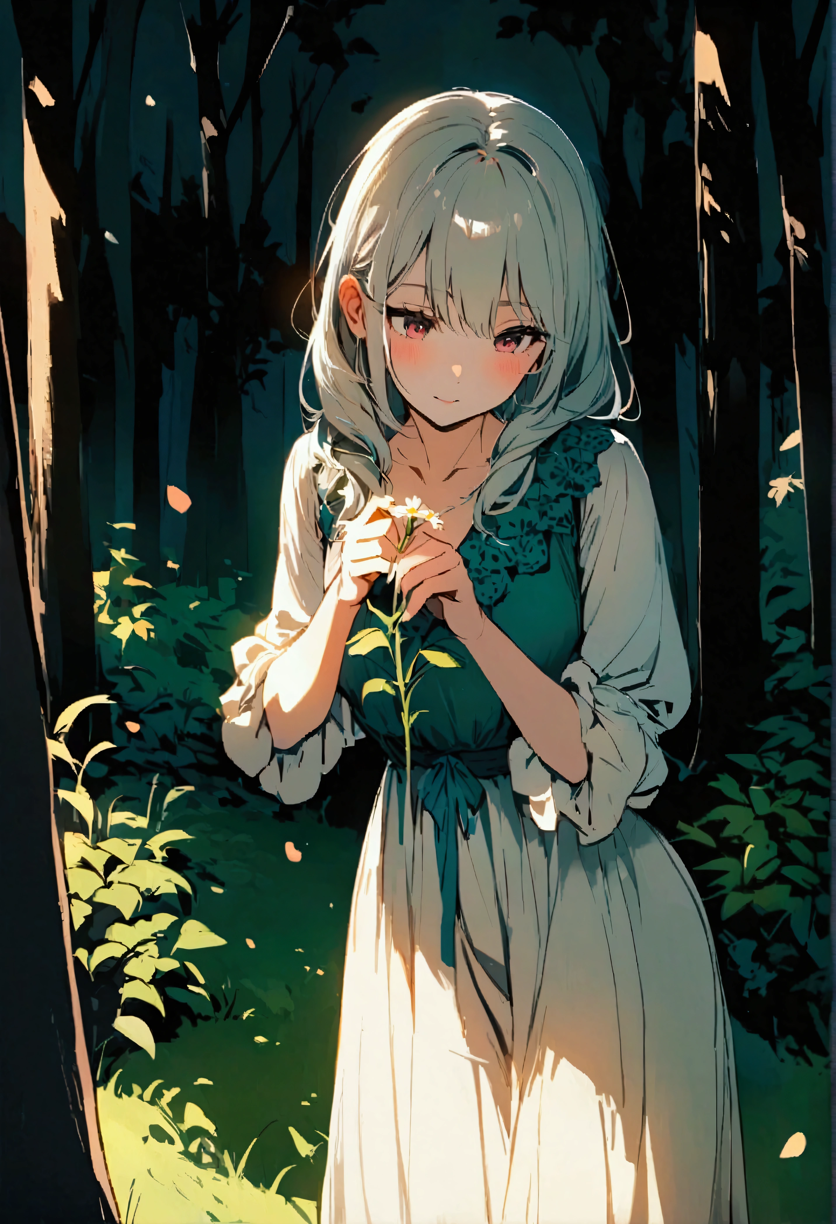 picking flowers, In the woods, ,Vibrant colors,Soft lighting，Beautiful girl