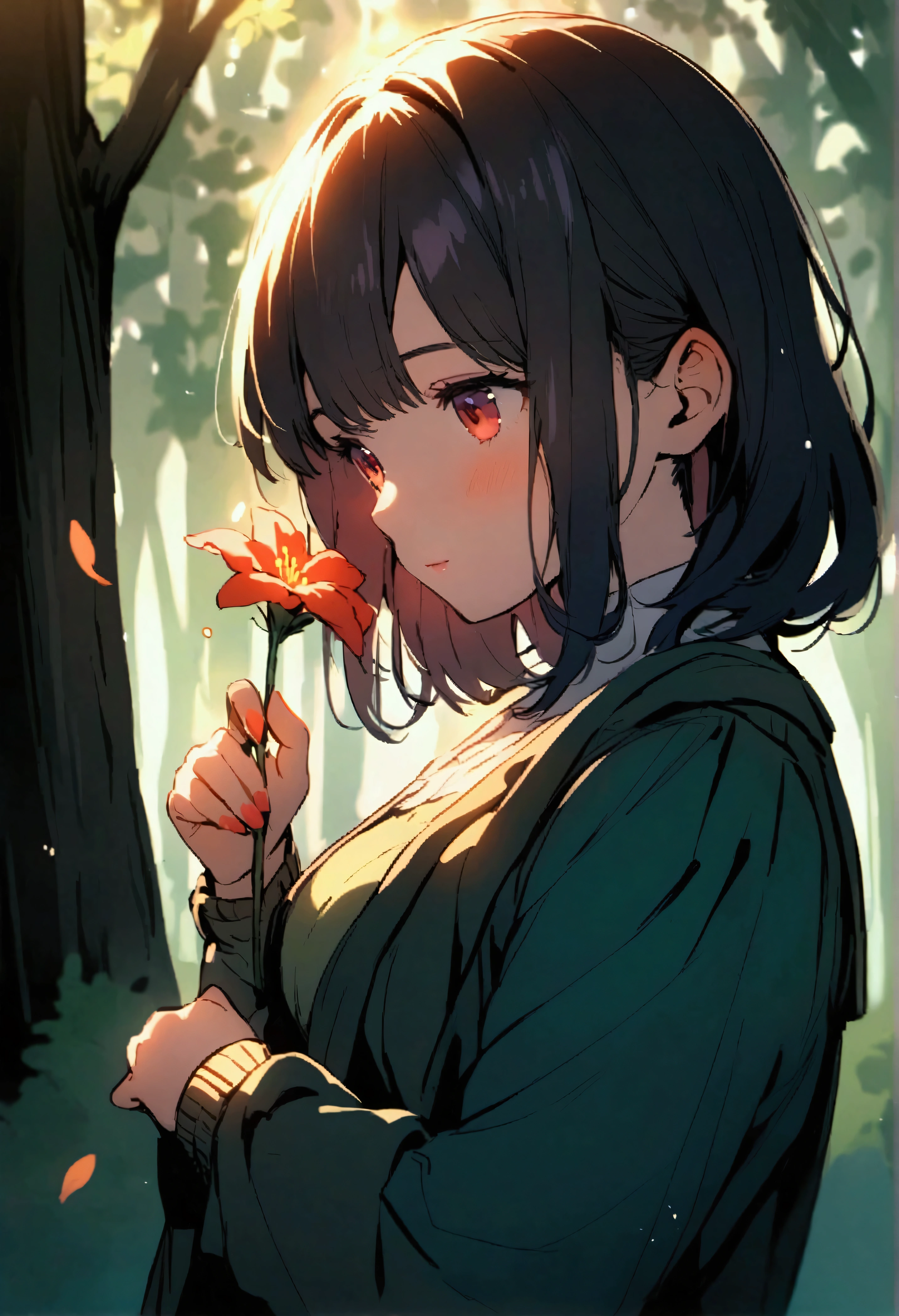 picking flowers, In the woods, ,Vibrant colors,Soft lighting,Beautiful girl