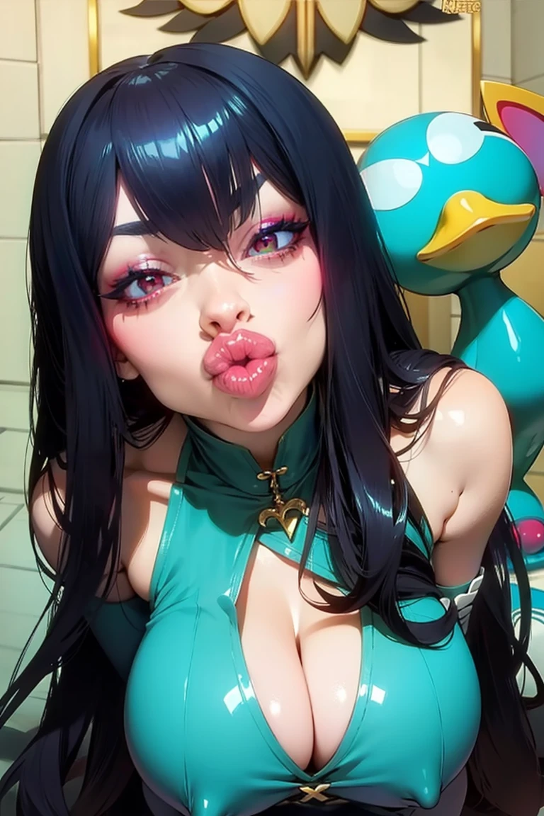 (1girl), Tsuyu Asui, long hair,, big lips, anime, pretty lips,, ((best quality)), soft shading, highres, hourglass body, , sexy POV, big lips, , big lips,x ornament, ornament, duckface, lip focus, shiny lips, extremely pretty