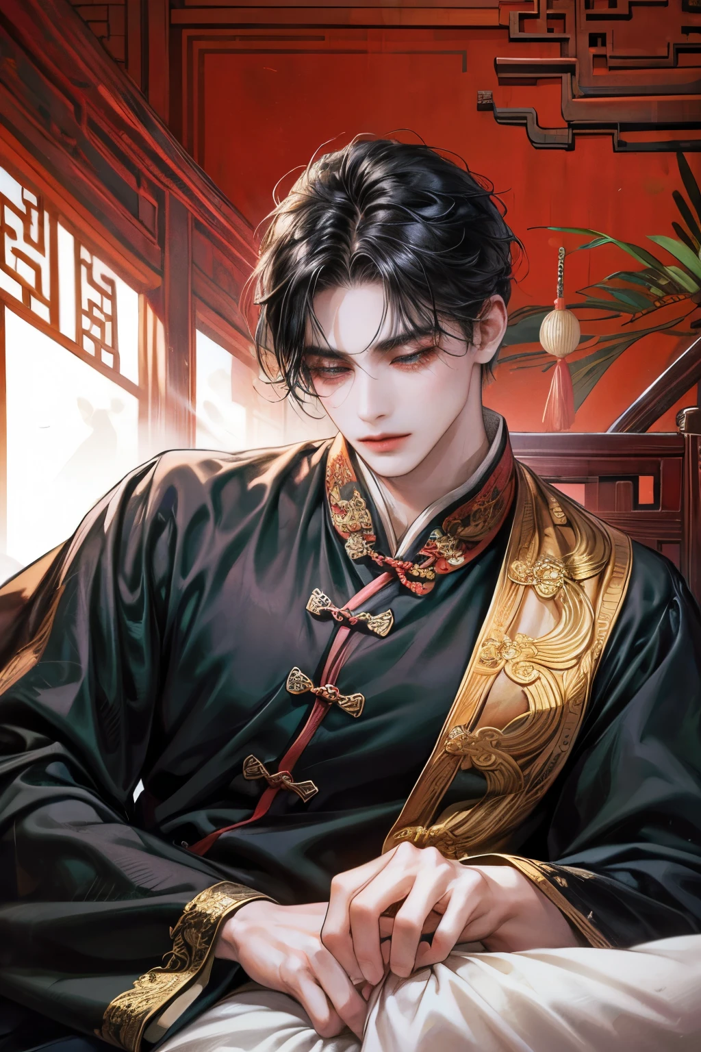 an extreamly beautiful young man lying on the old traditional Chinese bed, sleep on one side, long lashes, messy long black hair, traditional Chinese cloths,, coloful shade, hiquality, masterpiece, higly detailed