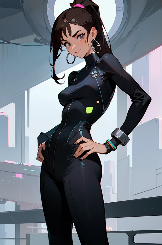 1female, dark brown hair, styled in a high ponytail, hazel eyes, confident smile, sleek black jumpsuit with subtle geometric patterns, silver hoop earrings, minimalistic silver bracelet, futuristic cityscape background with neon signs and tall skyscrapers, detailed face, hands to side, standing on path