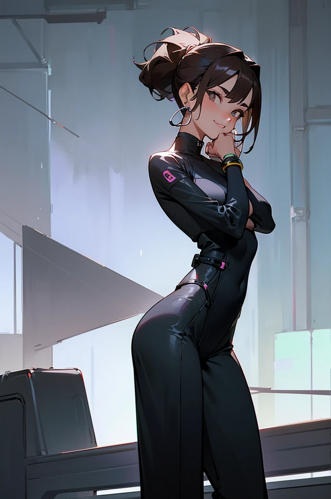 1female, dark brown hair, styled in a high ponytail, hazel eyes, confident smile, sleek black jumpsuit with subtle geometric patterns, silver hoop earrings, minimalistic silver bracelet, futuristic cityscape background with neon signs and tall skyscrapers, detailed face, hands to side, standing on path