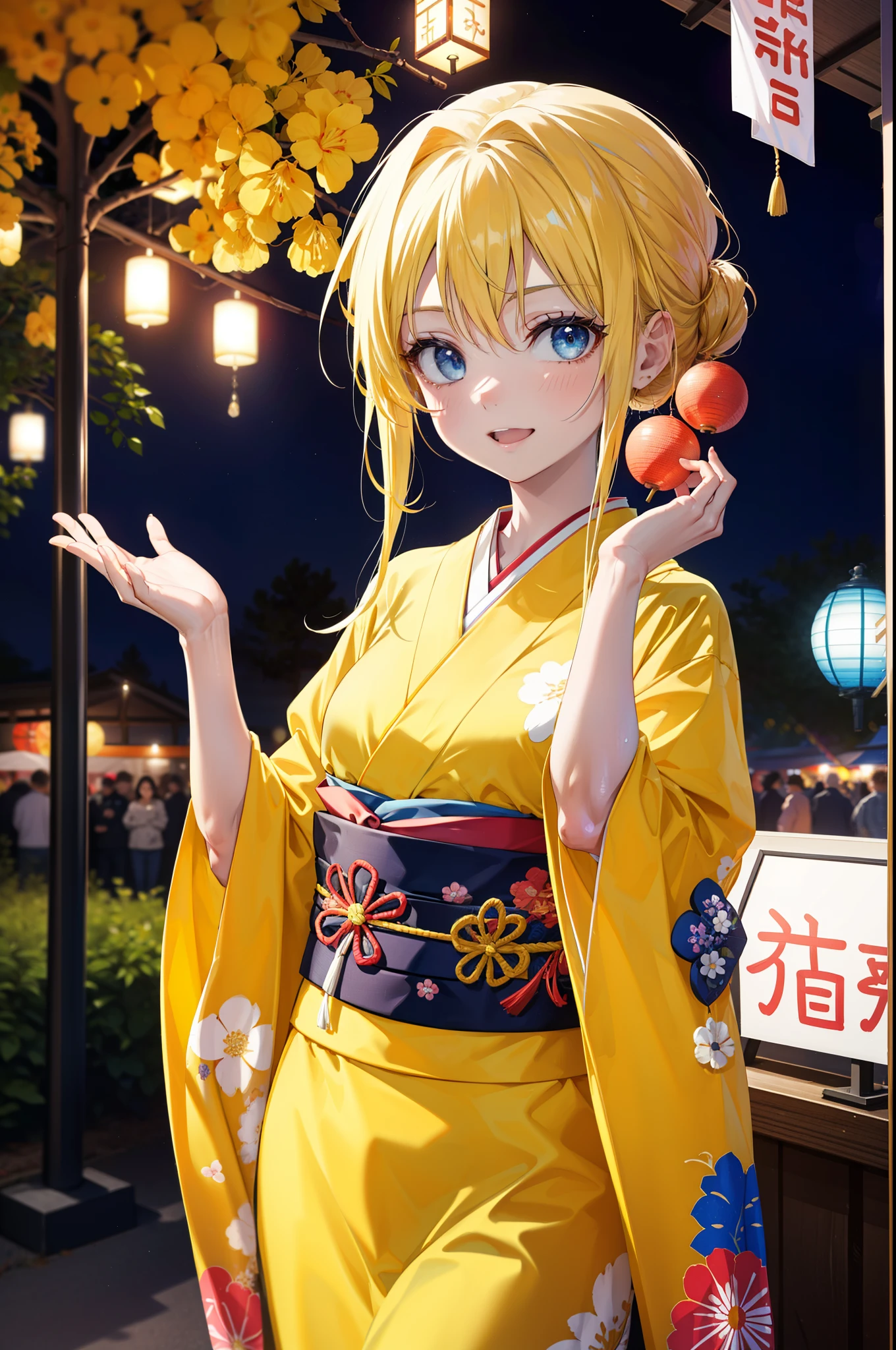 Alicesburg, Alice Zuberg, bangs, blue eyes, Blonde, Hair between the eyes, Long Hair,Flower Hair Ornaments,hair tied back, hair band, white hair band,Yellow Kimono,happy smile,smile, Open your mouth,Fireworks in the night sky、Fireworks,The place is a fireworks display,Time is night,sunny day,Japanese Festivals,Summer festival food stalls,Red lantern,whole bodyがイラストに入るように
break outside, shrine,
break looking at viewer, whole body,(Cowboy Shot:1.5),
break (masterpiece:1.2), Highest quality, High resolution, unity 8k wallpaper, (figure:0.8), (Beautiful attention to detail:1.6), Highly detailed face, Perfect lighting, Highly detailed CG, (Perfect hands, Perfect Anatomy),