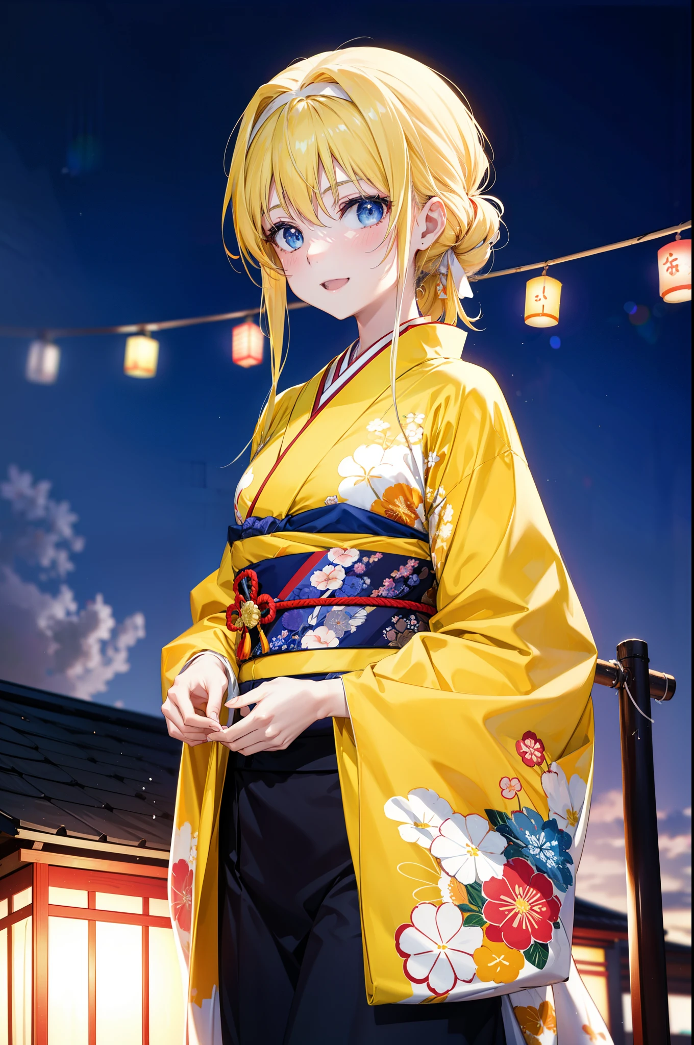 Alicesburg, Alice Zuberg, bangs, blue eyes, Blonde, Hair between the eyes, Long Hair,Flower Hair Ornaments,hair tied back, hair band, white hair band,Yellow Kimono,happy smile,smile, Open your mouth,Fireworks in the night sky、Fireworks,The place is a fireworks display,Time is night,sunny day,Japanese Festivals,Summer festival food stalls,Red lantern,whole bodyがイラストに入るように
break outside, shrine,
break looking at viewer, whole body,(Cowboy Shot:1.5),
break (masterpiece:1.2), Highest quality, High resolution, unity 8k wallpaper, (figure:0.8), (Beautiful attention to detail:1.6), Highly detailed face, Perfect lighting, Highly detailed CG, (Perfect hands, Perfect Anatomy),