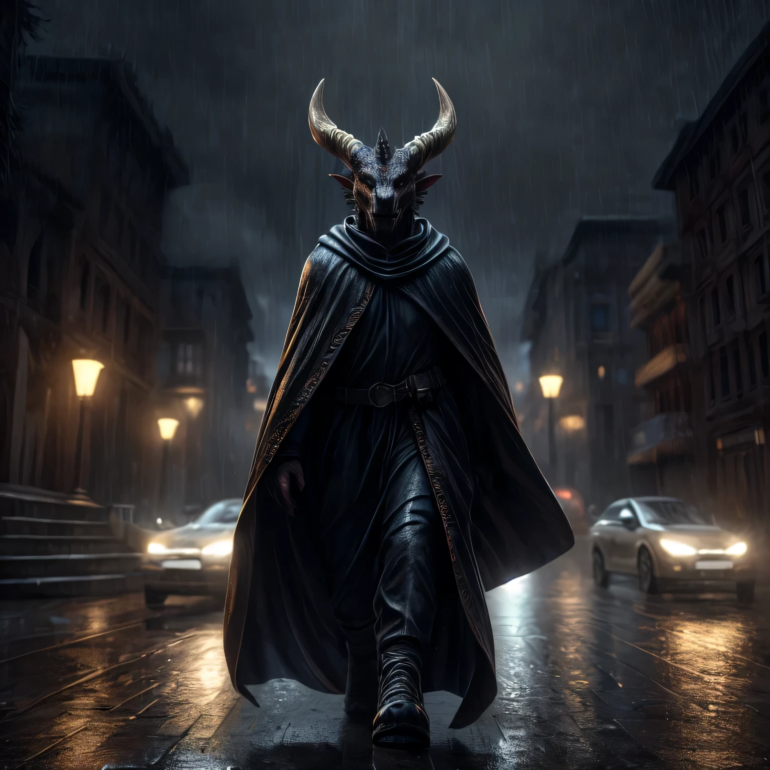 (best quality,4k,8k,highres,masterpiece:1.2),ultra-detailed,(realistic,photorealistic,photo-realistic:1.37),portrait,anthro dragon,anthropomorphic woman,black cloak,walking towards camera,in the rain,dramatic lighting,rainy atmosphere,detailed scales,horns,expressive eyes,wet cloak,intricate details,moody colors,dark fantasy