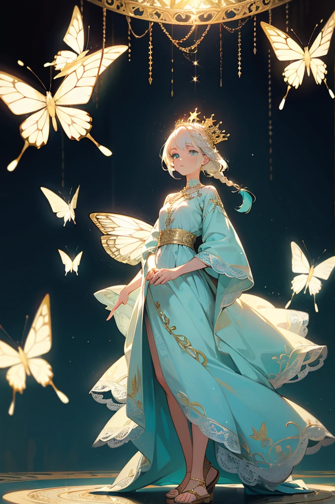1female, platinum blonde hair, braided into a crown, turquoise eyes, serene expression, flowing white dress with intricate lace details, gold sandals, delicate butterfly pendant, ethereal garden background with glowing flowers and twinkling lights, detailed face, hands to side, standing on path