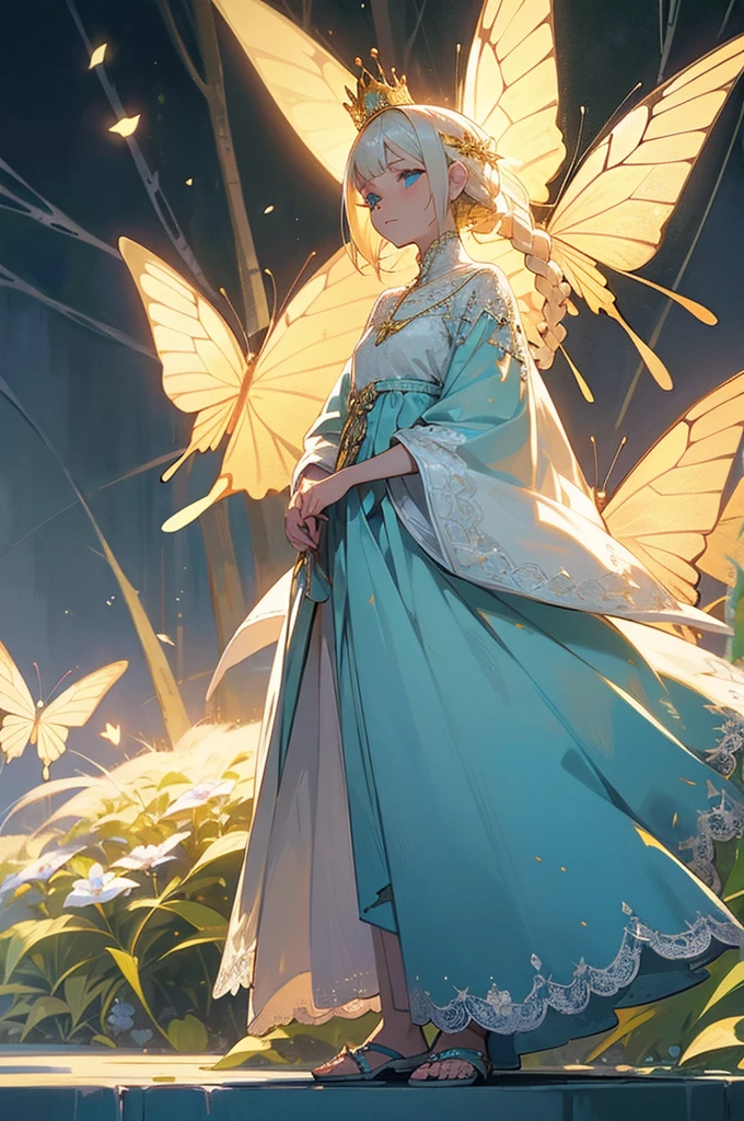 1female, platinum blonde hair, braided into a crown, turquoise eyes, serene expression, flowing white dress with intricate lace details, gold sandals, delicate butterfly pendant, ethereal garden background with glowing flowers and twinkling lights, detailed face, hands to side, standing on path