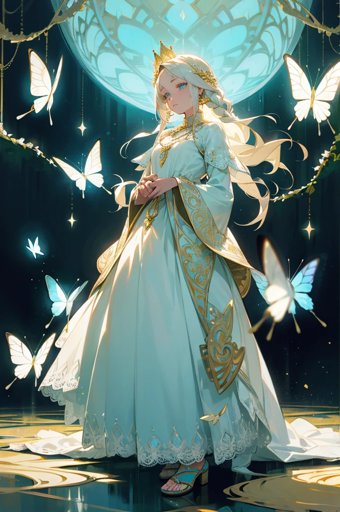 1female, platinum blonde hair, braided into a crown, turquoise eyes, serene expression, flowing white dress with intricate lace details, gold sandals, delicate butterfly pendant, ethereal garden background with glowing flowers and twinkling lights, detailed face, hands to side, standing on path