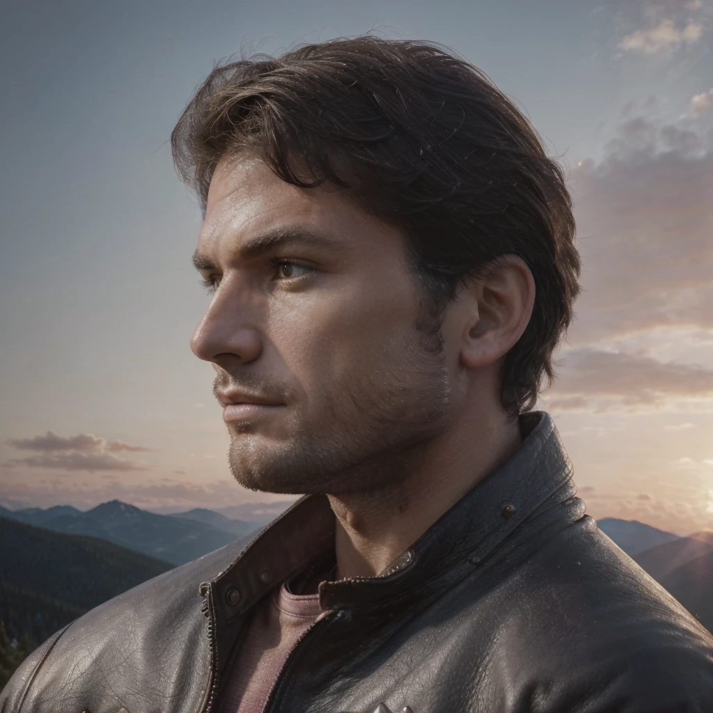 ((masterpiece, high quality, best quality)), (sharp lines:1.2)(clear line:1.2),Realistic, Hyperrealism, lifelike realistic photography, , Portrait shot, Realistic, Hyperrealism, Extremely Detailed Face And skin, Handsome mountain climber man with leather jacket, blue jeans, high boots, rocky mountains, amazing view, woods, springs, sunset, pink clouds, short cut hair,