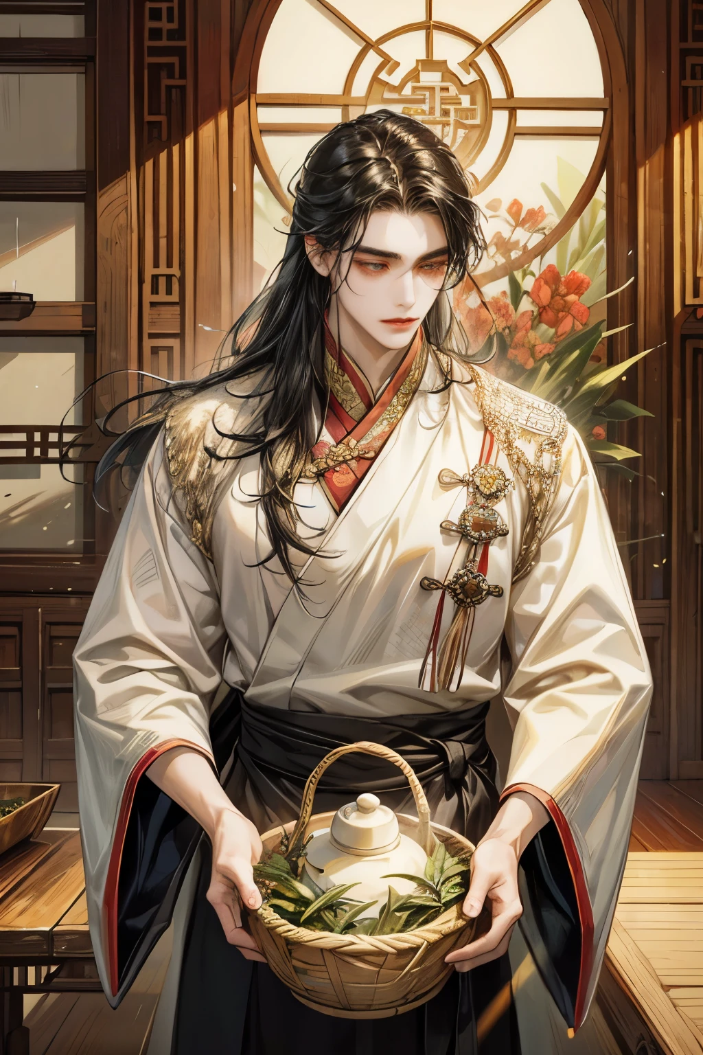 an extreamly handsom young man with long black hair wearing traditional Chinese cloths, brewing herbal medicine in wooden Chinese kitchen, table full of basket with herbal, coloful shade, highly light, hiquality, masterpiece, higly detailed